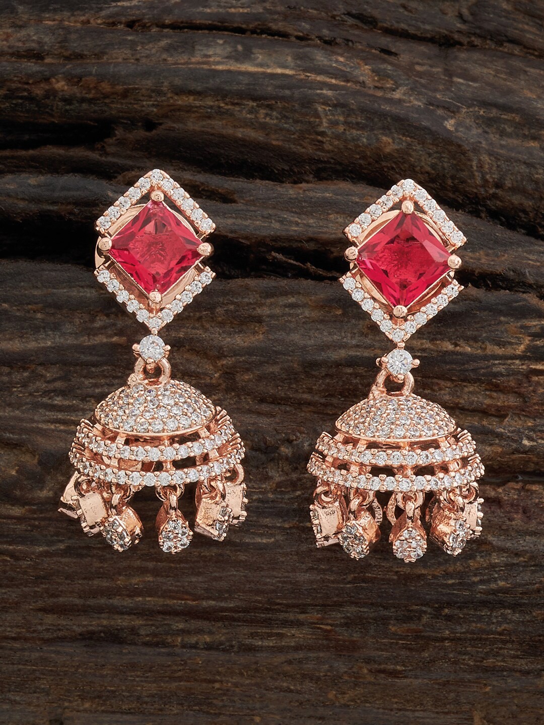 

Kushal's Fashion Jewellery Rose Gold-Plated Dome Shaped Cubic Zirconia Jhumkas, Red