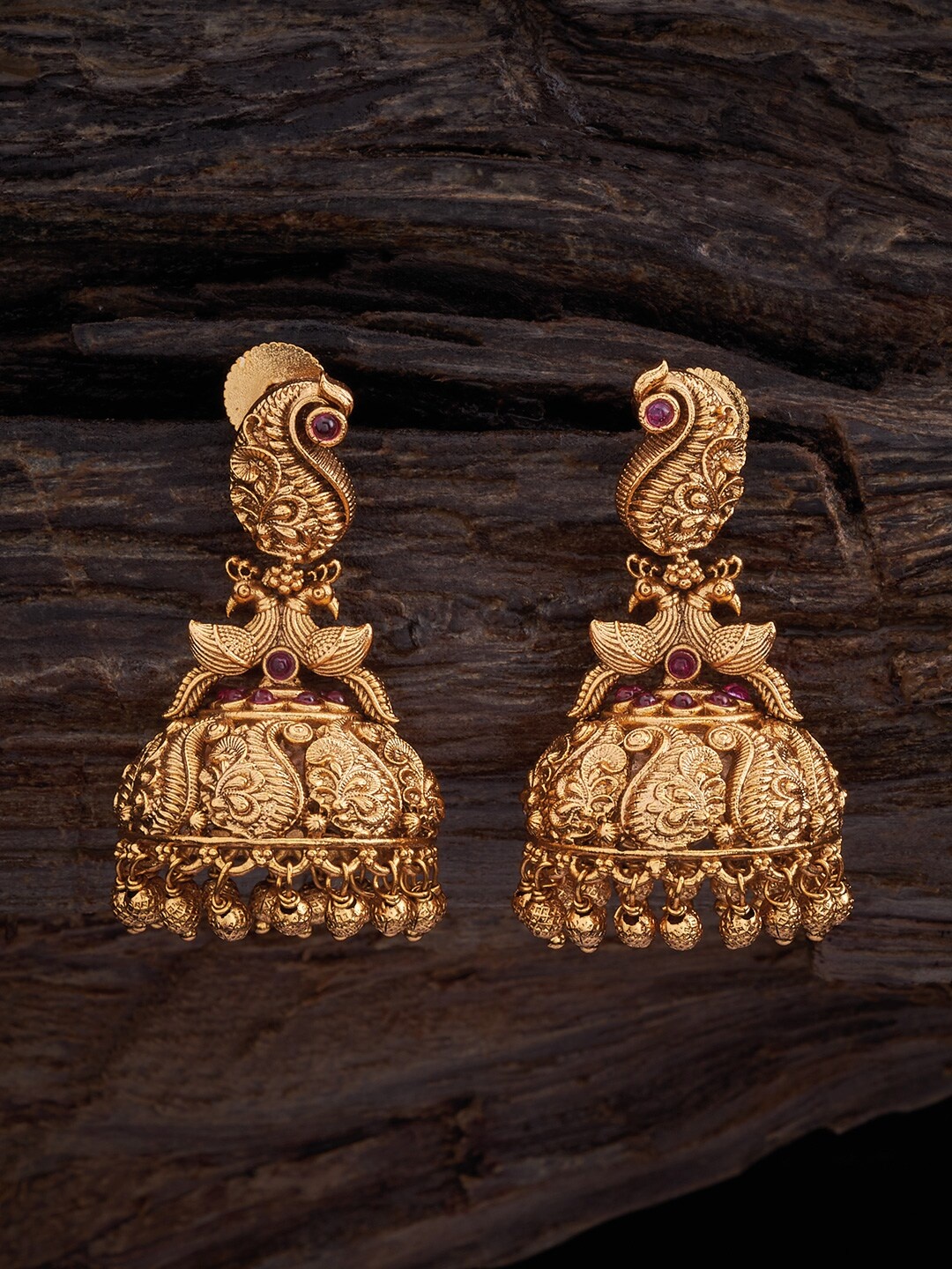 

Kushal's Fashion Jewellery Gold-Plated Ruby Antique Jhumkas, Red
