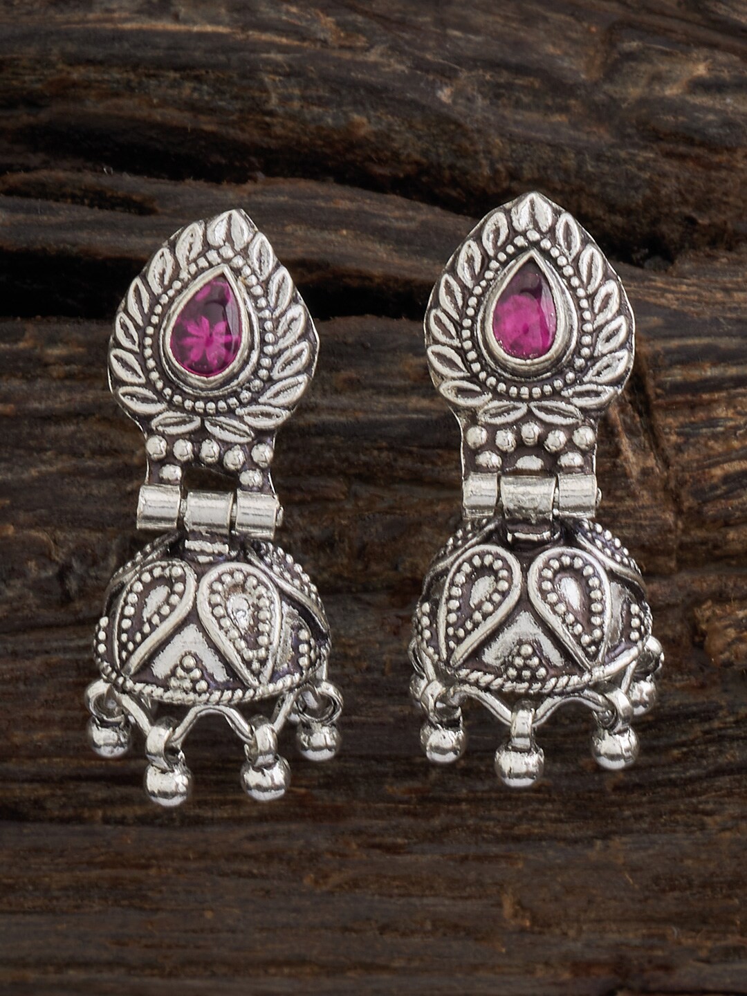 

Kushal's Fashion Jewellery 92.5 Pure Silver Rhodium-Plated Dome Shaped Jhumkas, Red