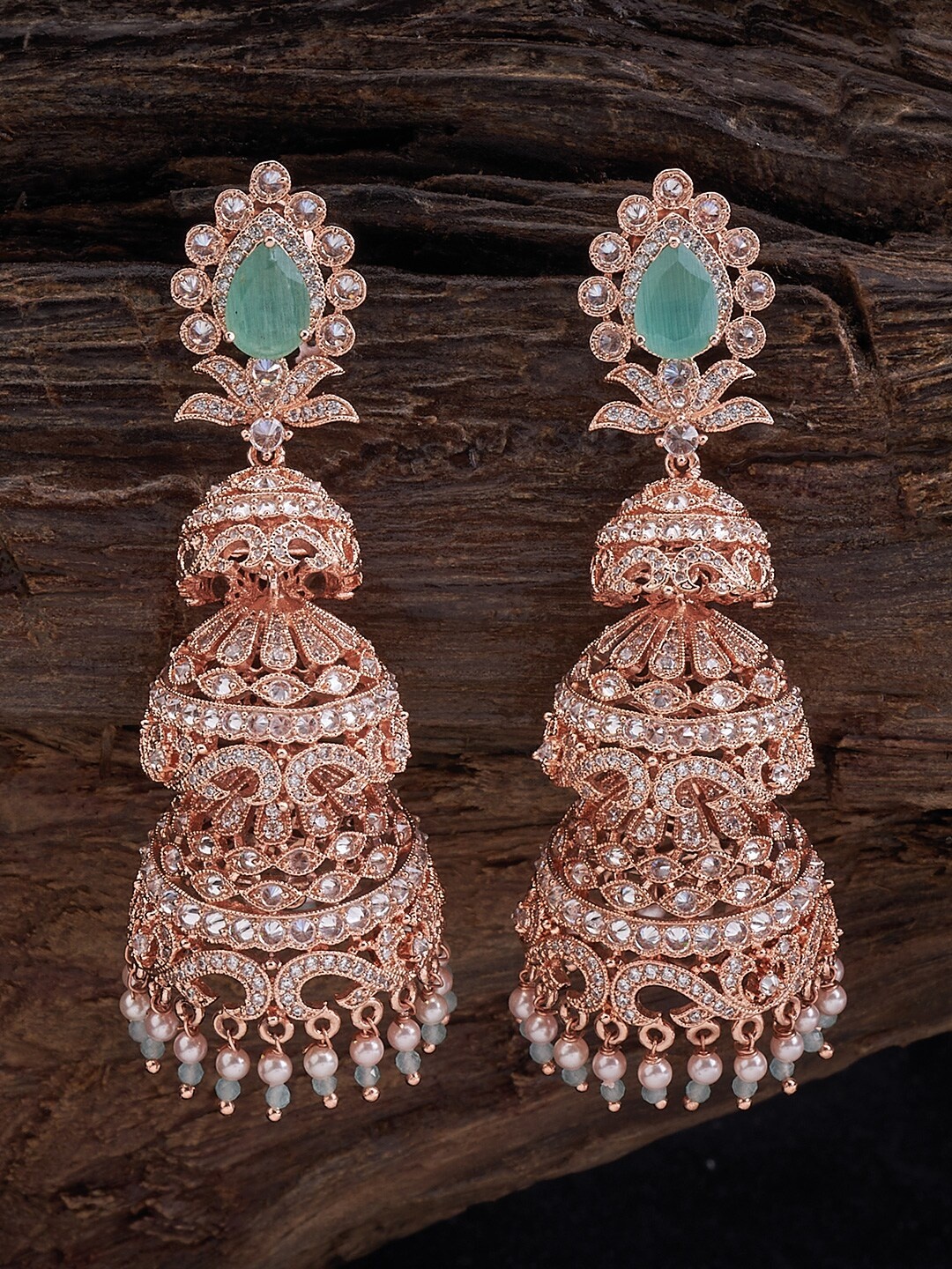 

Kushal's Fashion Jewellery Rose Gold-Plated Dome Shaped Jhumkas, Sea green