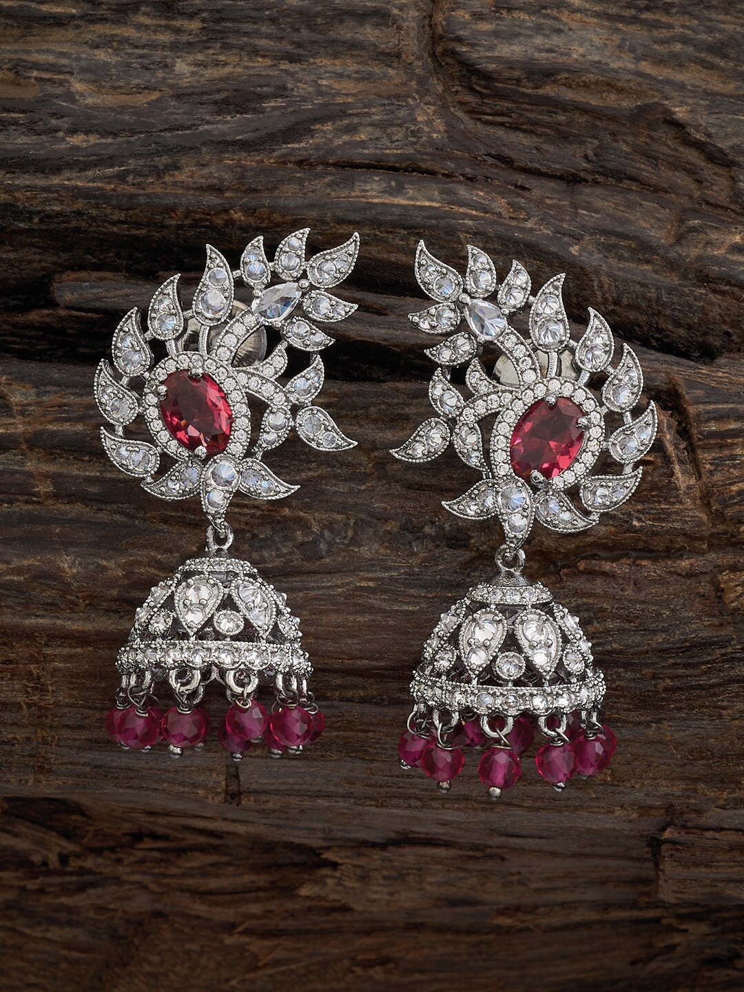 

Kushal's Fashion Jewellery Rhodium-Plated Cubic Zirconia Studded Dome Shaped Jhumkas, Silver