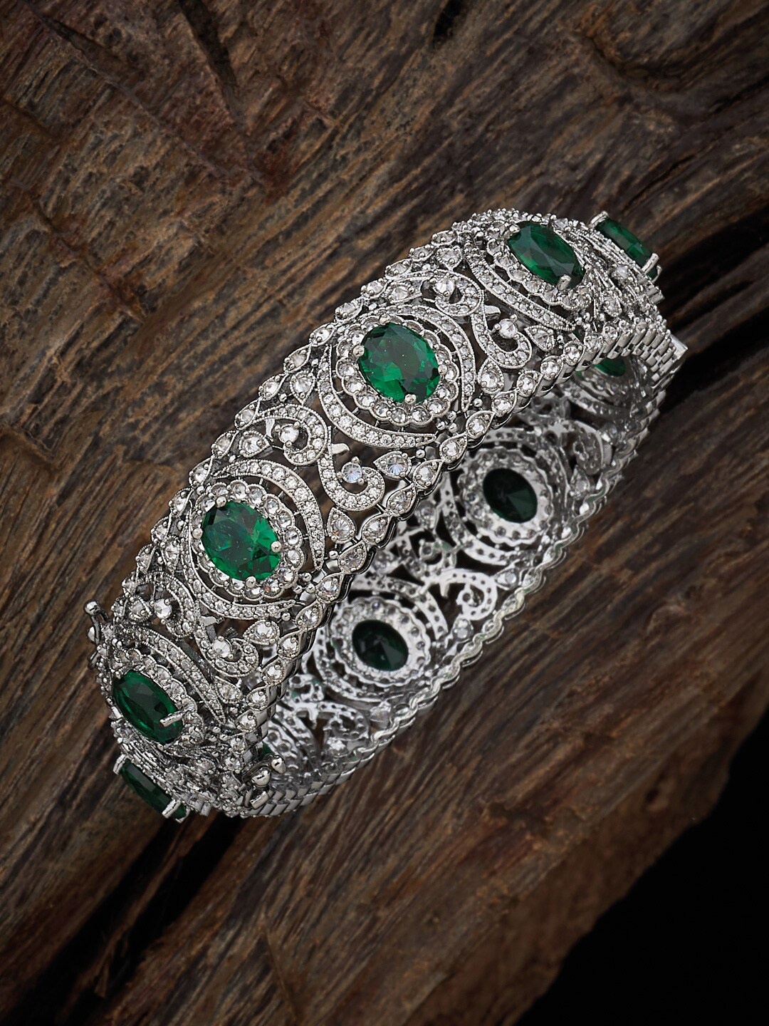 

Kushal's Fashion Jewellery Rhodium-Plated Zircon Studded Bangle, Silver