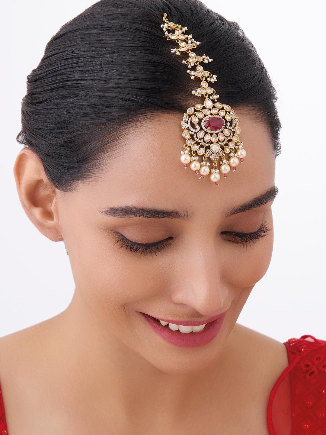 

Kushal's Fashion Jewellery Kundan Studded & Pearls Beaded Maang Tikka, Gold
