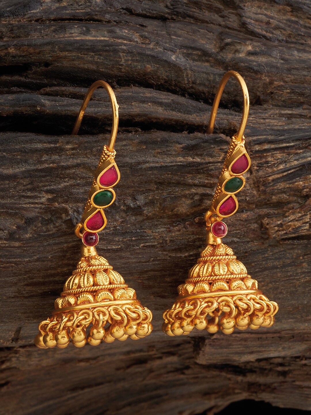 

Kushal's Fashion Jewellery 92.5 Pure Silver Gold-Plated Temple Classic Studs Jhumkas, Red