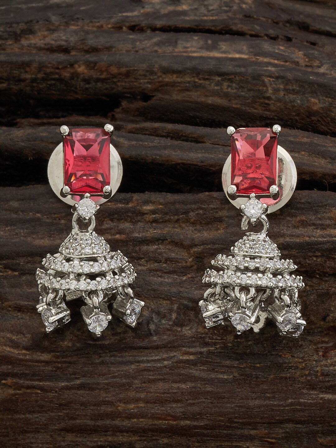 

Kushal's Fashion Jewellery Rhodium-Plated Dome Shaped Jhumkas, Red