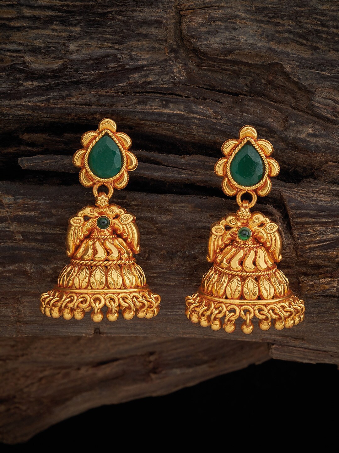 

Kushal's Fashion Jewellery 92.5 Pure Silver Gold-Plated Temple Classic Studs Jhumkas, Green
