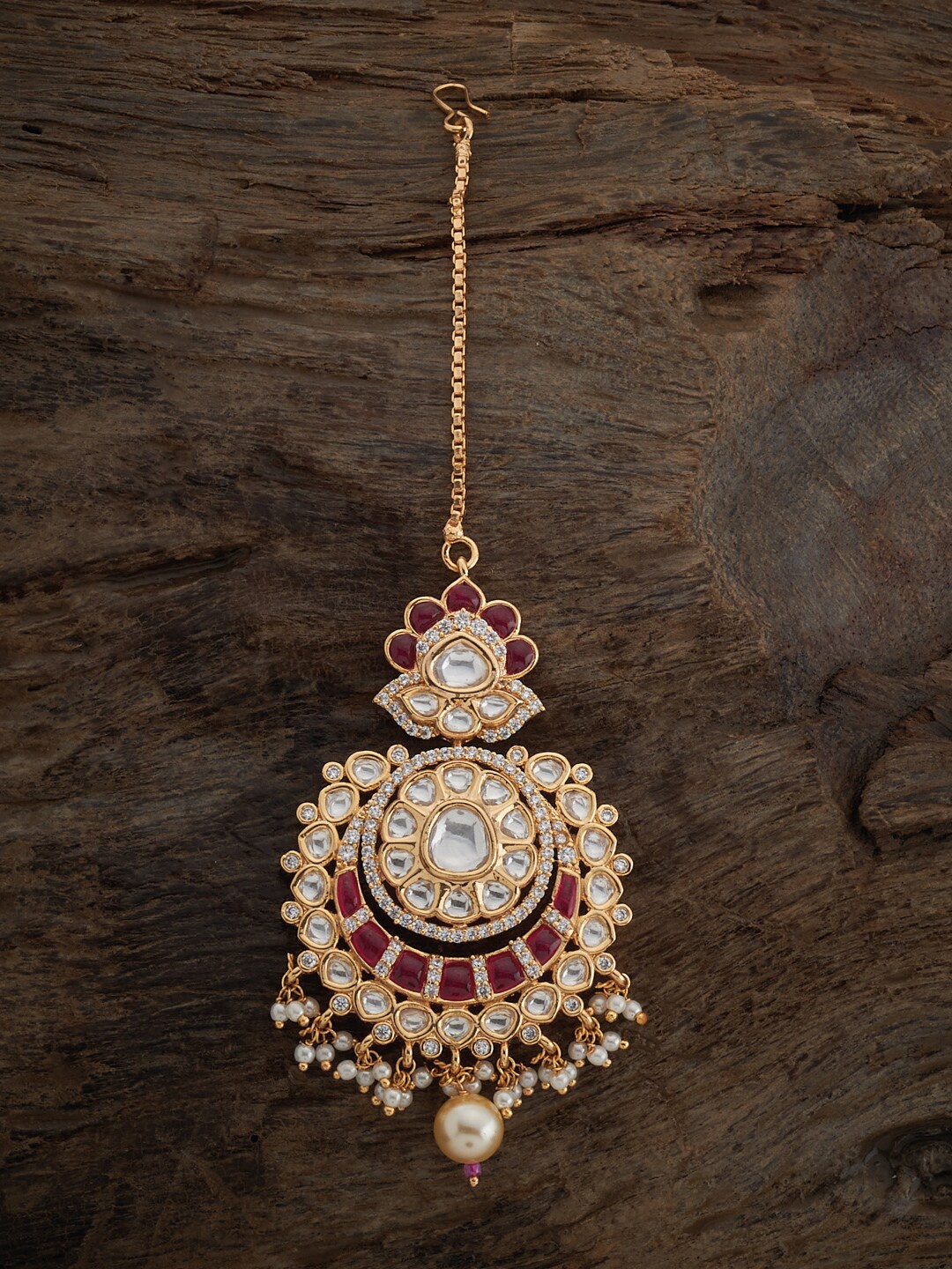 

Kushal's Fashion Jewellery Kundan Studded & Pearls Beaded Maang Tika, Gold