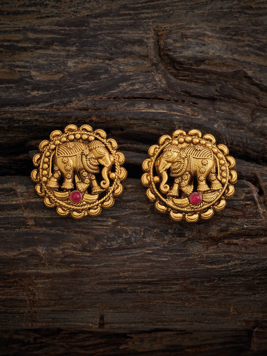 

Kushal's Fashion Jewellery 92.5 Pure Silver Gold-Plated Temple Classic Studs Earrings, Red
