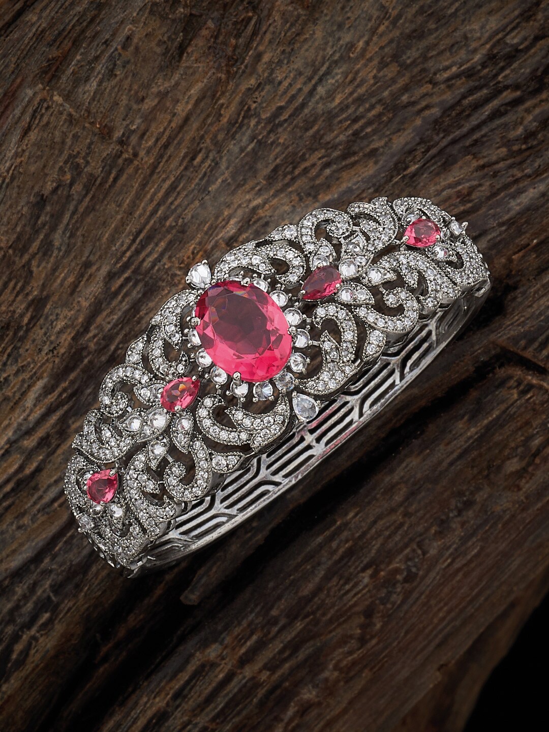 

Kushal's Fashion Jewellery Cubic Zirconia Rose Gold-Plated Cuff Bracelet, Silver