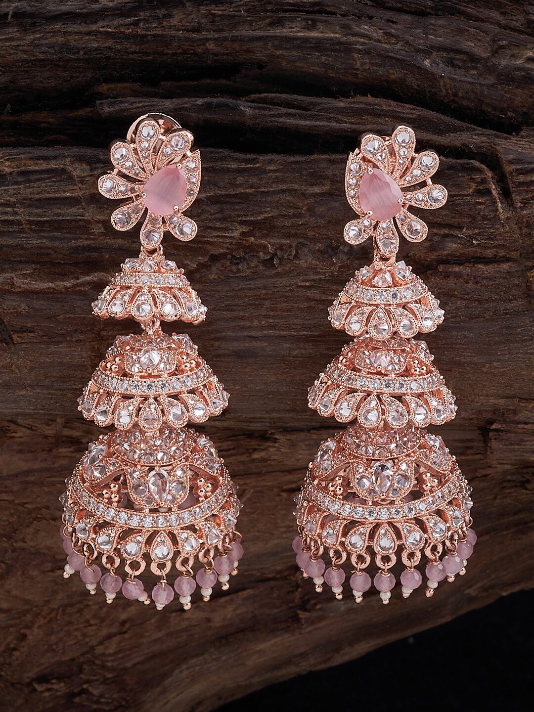 

Kushal's Fashion Jewellery Rose Gold-Plated Cubic Zirconia Dome Shaped Jhumkas