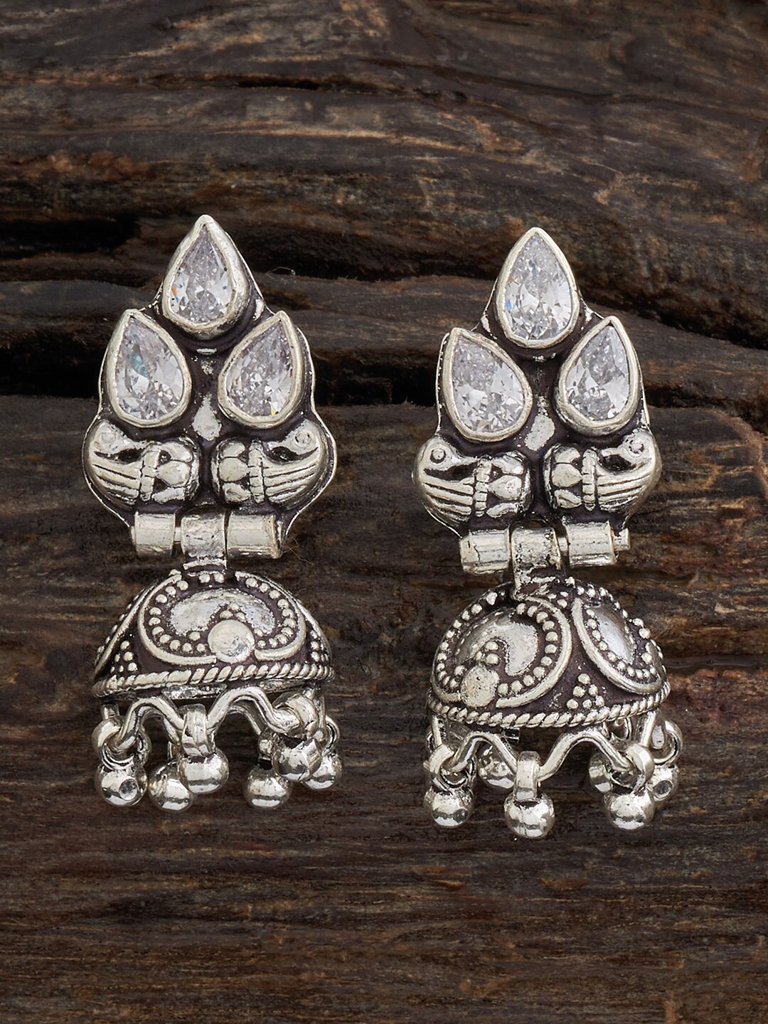 

Kushal's Fashion Jewellery Rhodium-Plated Stone Studded Classic Jhumkas, Silver