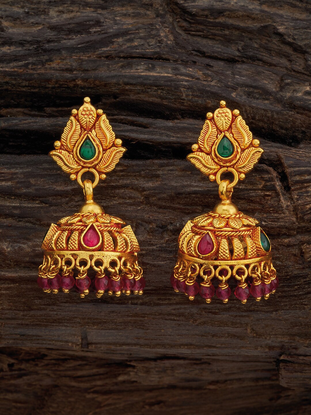 

Kushal's Fashion Jewellery 92.5 Pure Silver Gold-Plated Dome Shaped Jhumkas, Red