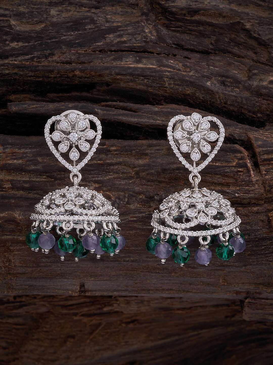 

Kushal's Fashion Jewellery Rhodium-Plated Dome Shaped Jhumkas, Green