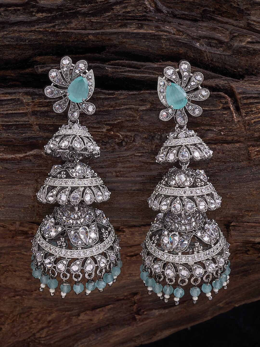 

Kushal's Fashion Jewellery Rhodium-Plated Dome Shaped Jhumkas, Sea green