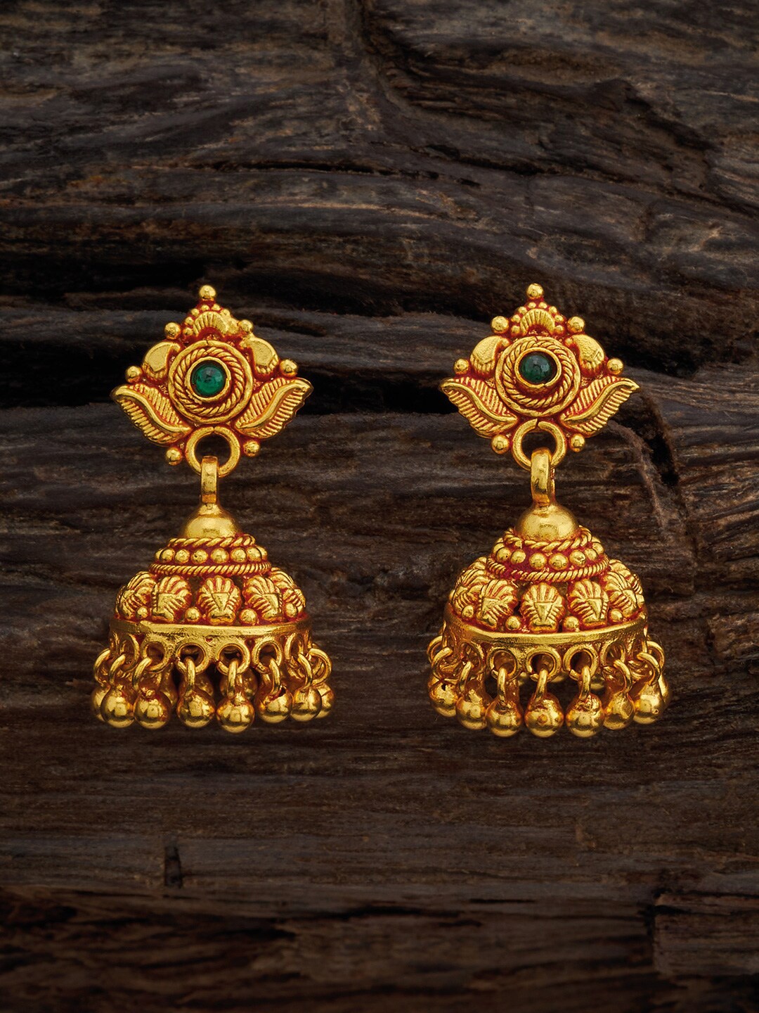 

Kushal's Fashion Jewellery 92.5 Pure Silver Gold-Plated Dome Shaped Jhumkas, Green
