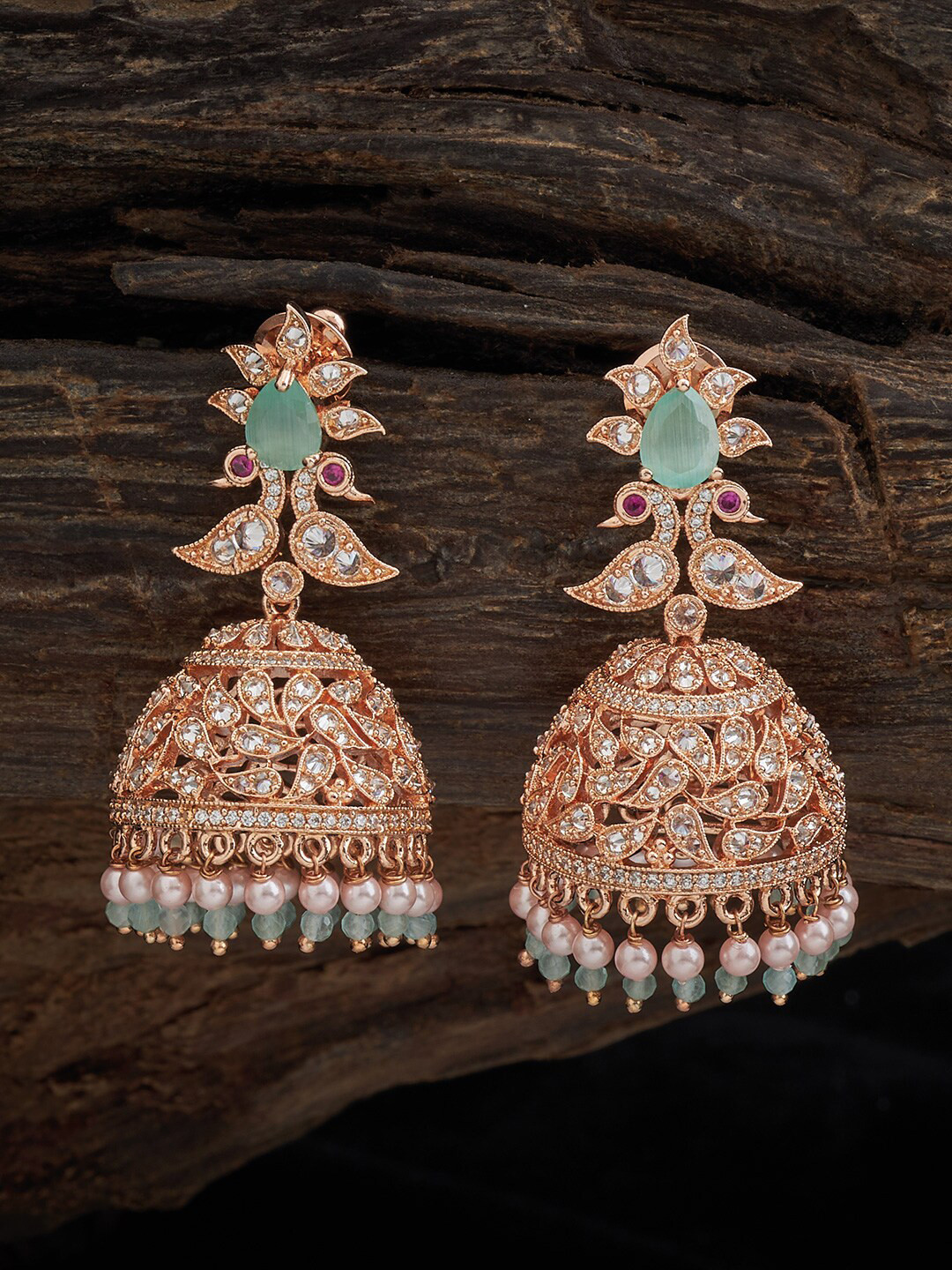 

Kushal's Fashion Jewellery Rose Gold-Plated Cubic Zirconia Studded Classic Jhumkas, Sea green
