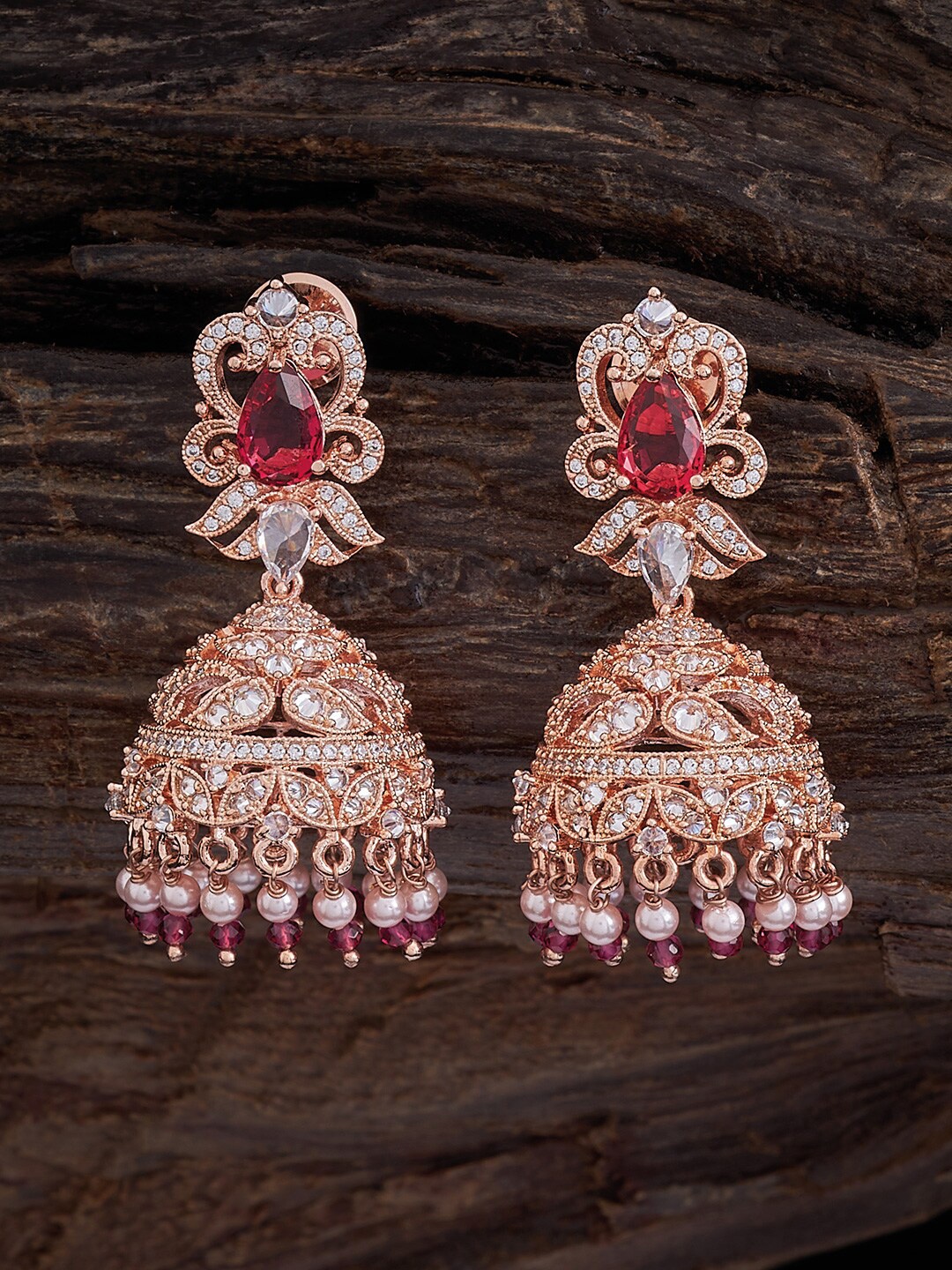 

Kushal's Fashion Jewellery Rose Gold Plated Dome Shaped Jhumkas, Red