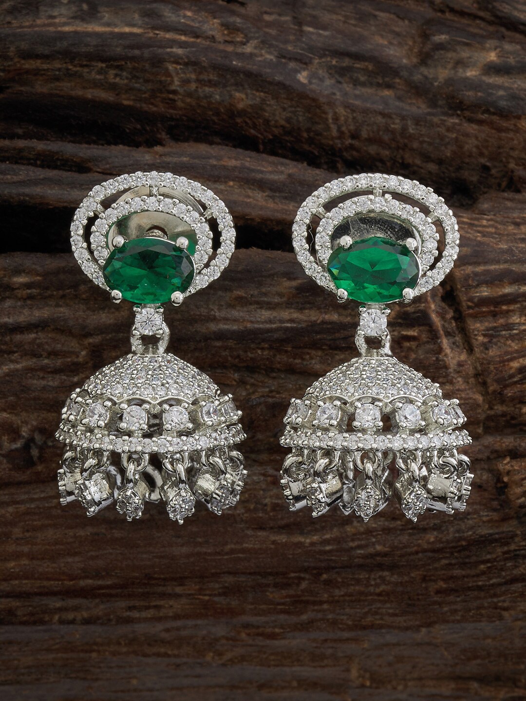 

Kushal's Fashion Jewellery Rhodium Plated Cubic Zirconia Dome Shaped Jhumkas, Green