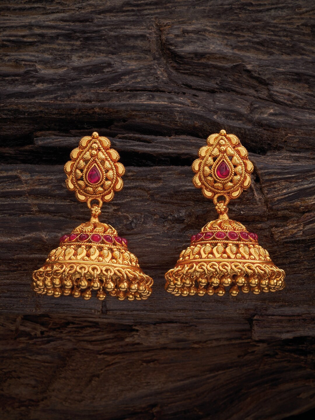 

Kushal's Fashion Jewellery Gold Plated Dome Shaped 92.5 Pure Silver Jhumkas, Red