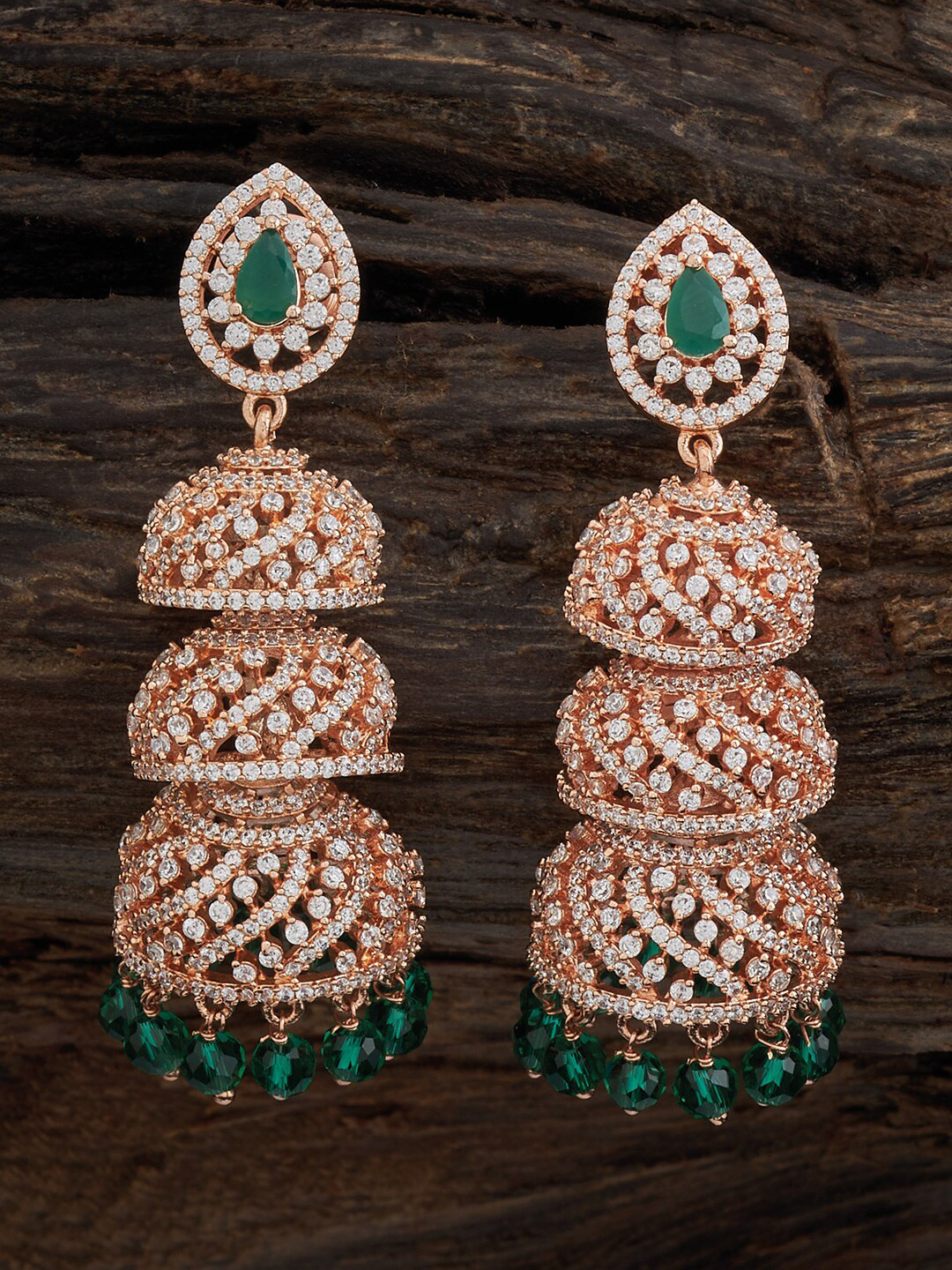 

Kushal's Fashion Jewellery Rose Gold Plated Cubic Zirconia Dome Shaped Jhumkas, Green