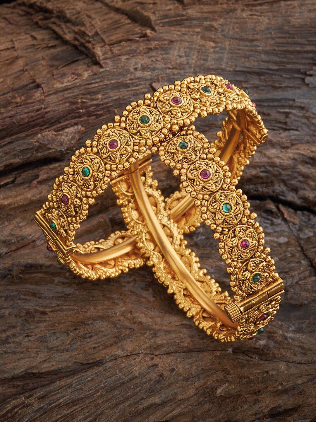 

Kushal's Fashion Jewellery Set Of 2 Gold-Plated Stone-Studded Bangles