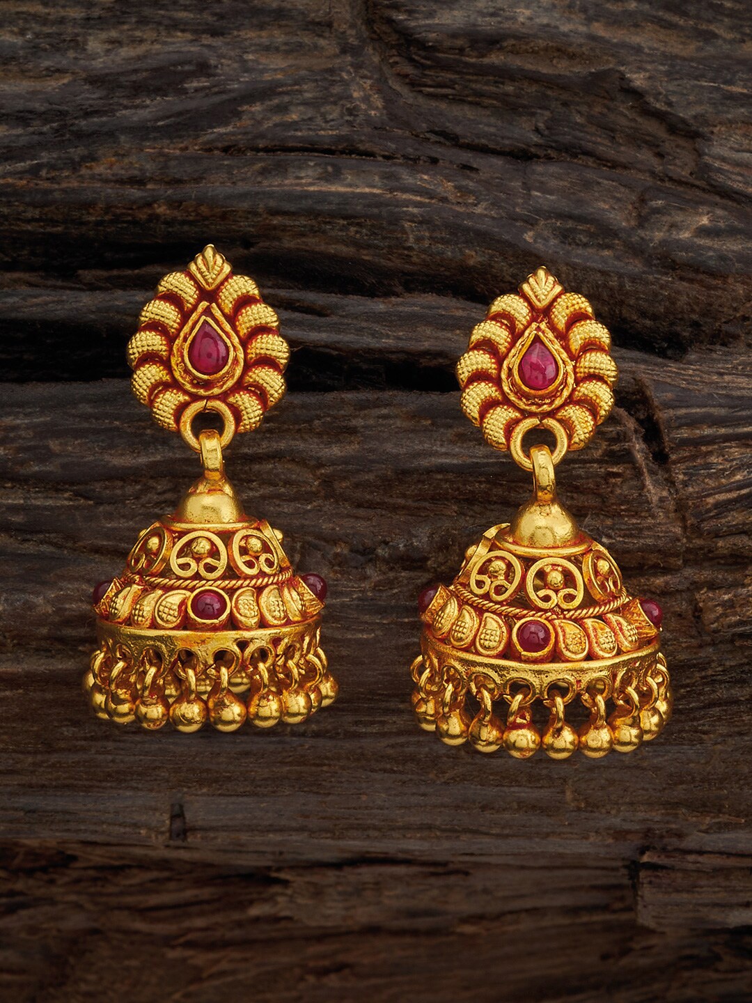 

Kushal's Fashion Jewellery 92.5 Pure Silver Dome Shaped Gold-Plated Jhumkas Earrings, Red