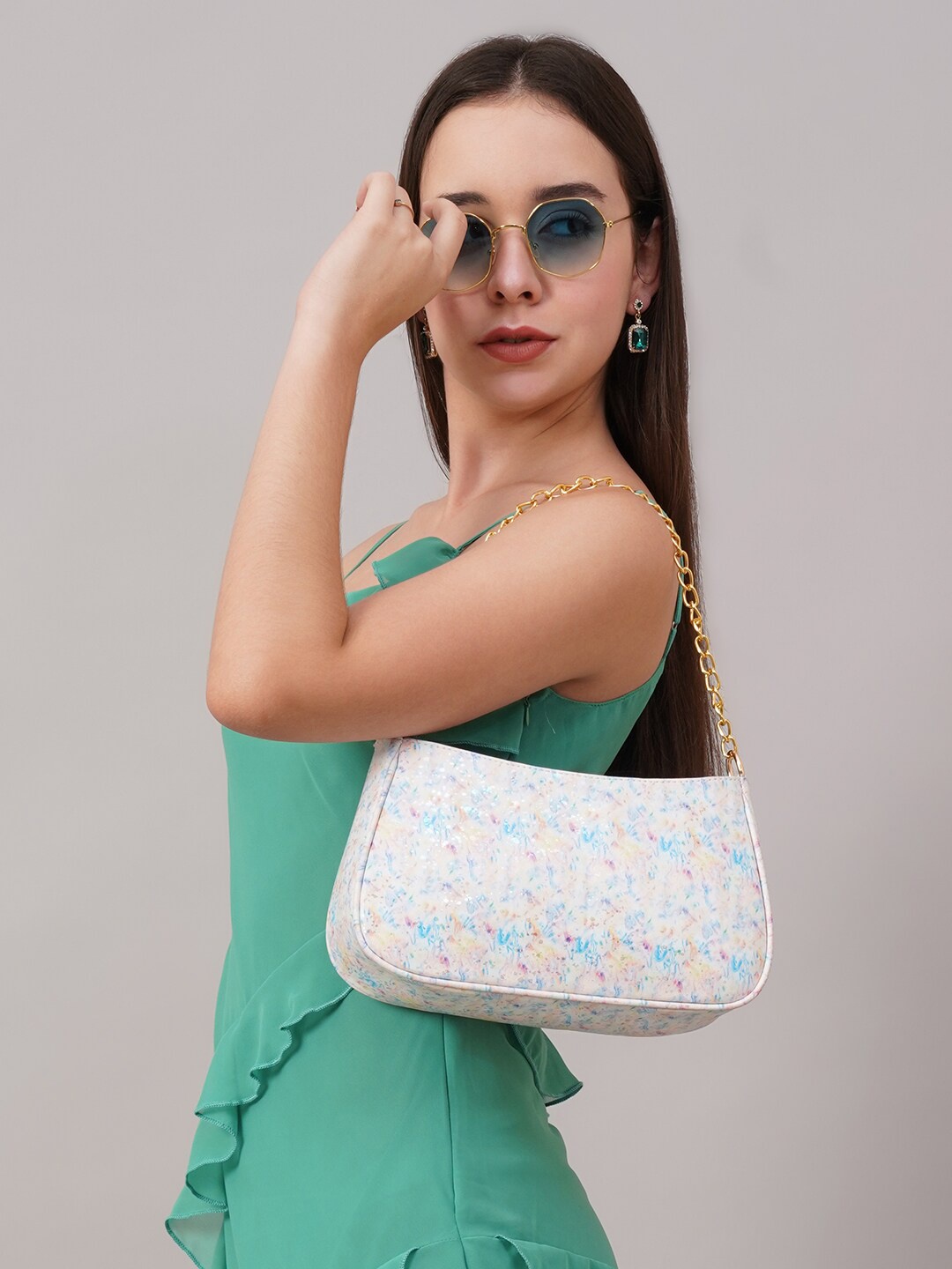 

FABBHUE Floral Printed Synthetic Leather Swagger Shoulder Bag, Beige