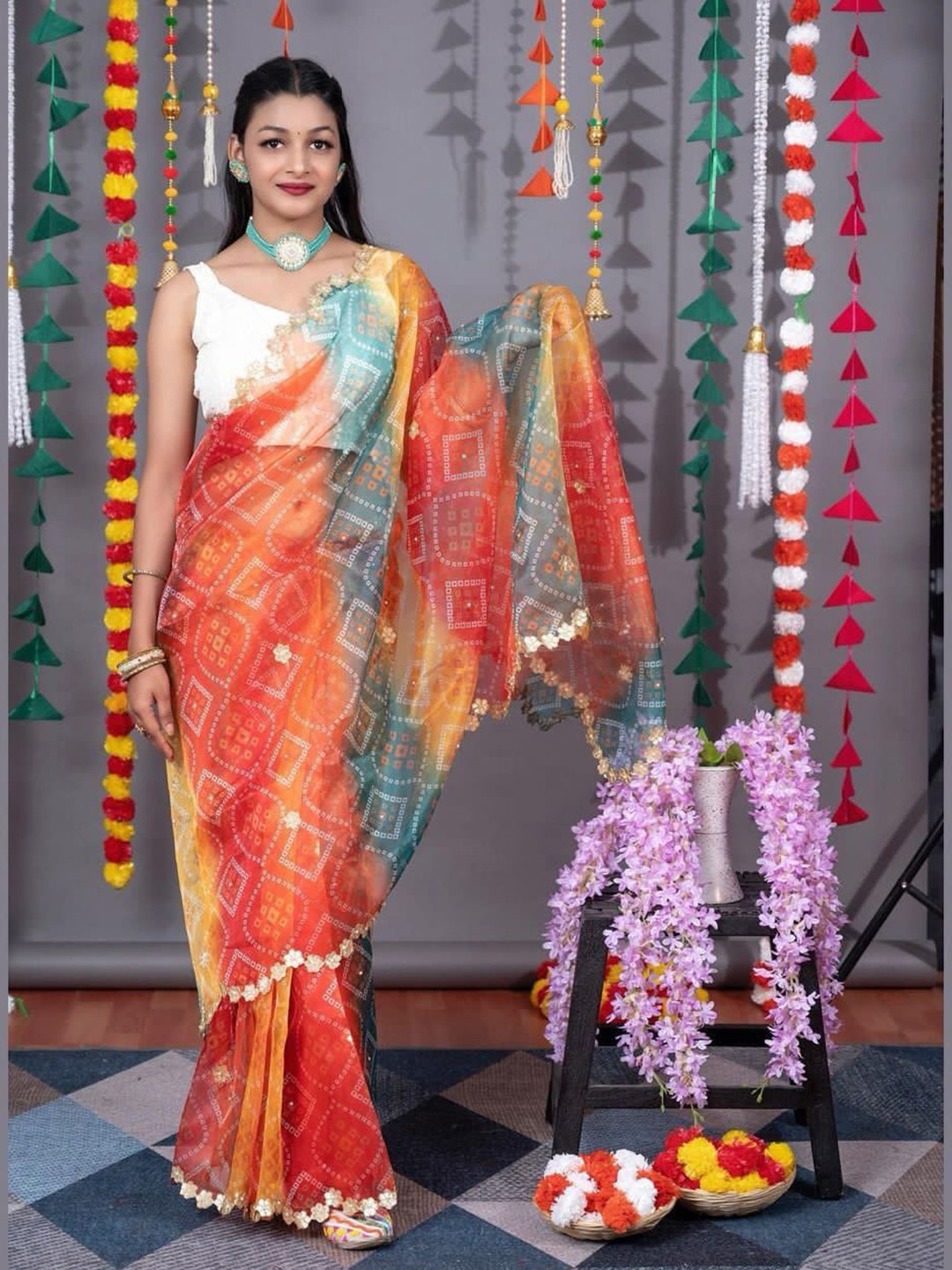 

RAJGRANTH Bandhani Organza Bandhani Saree, Red