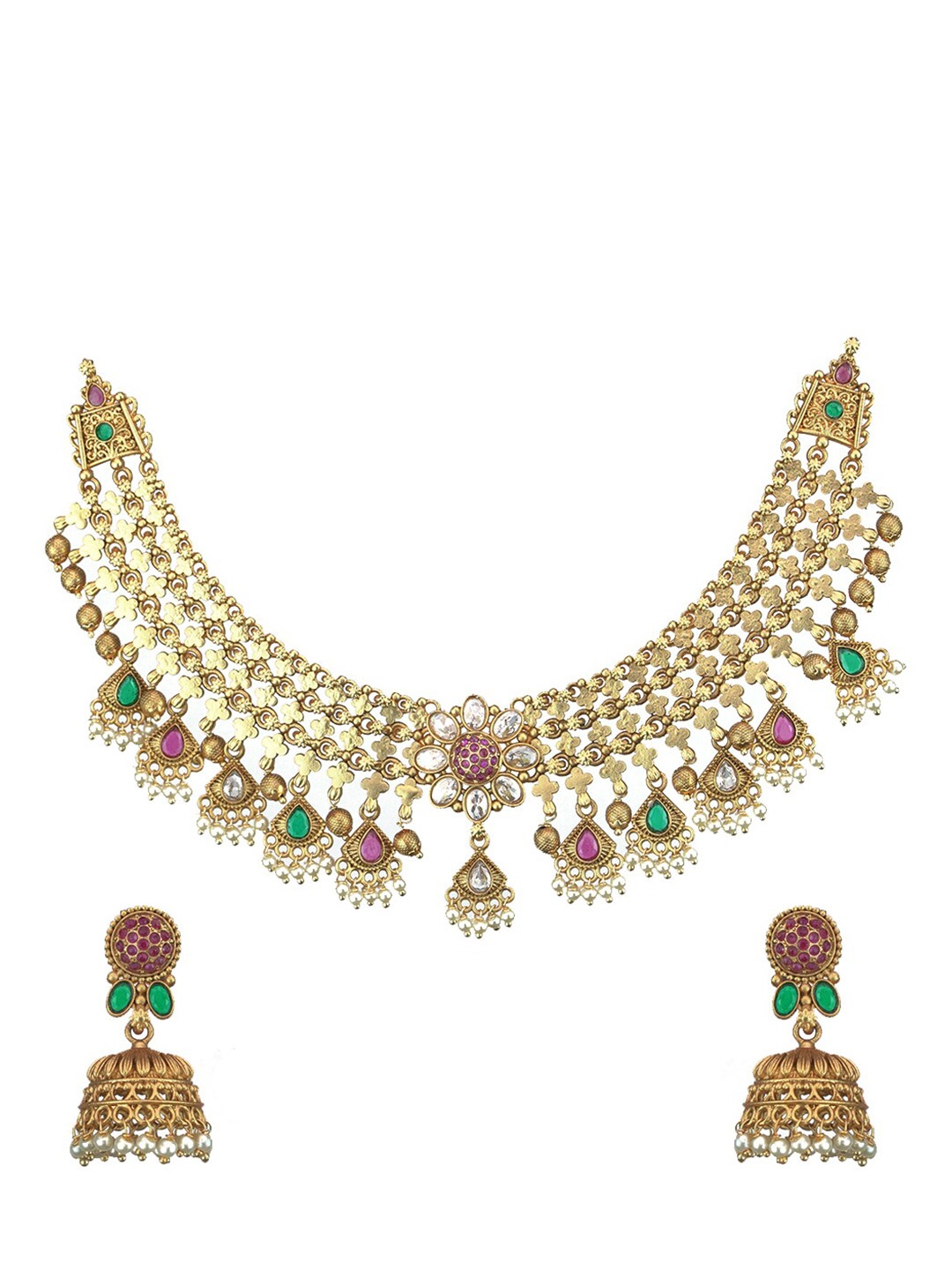 

Diksha collection Gold-Plated Stone-Studded & Beaded Jewellery Set