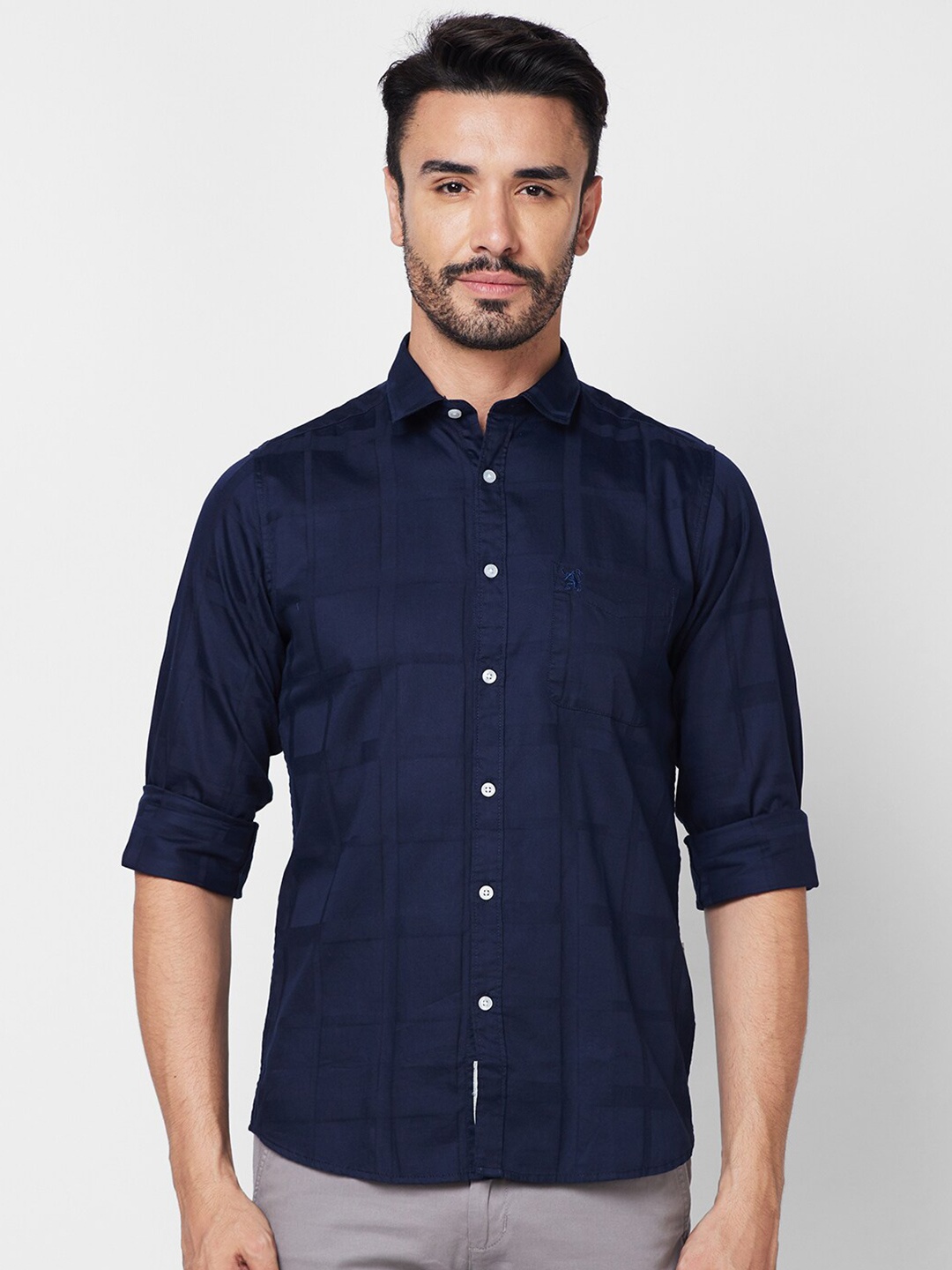 

GIORDANO Slim Fit Cotton Windowpane Checked Casual Shirt, Navy blue