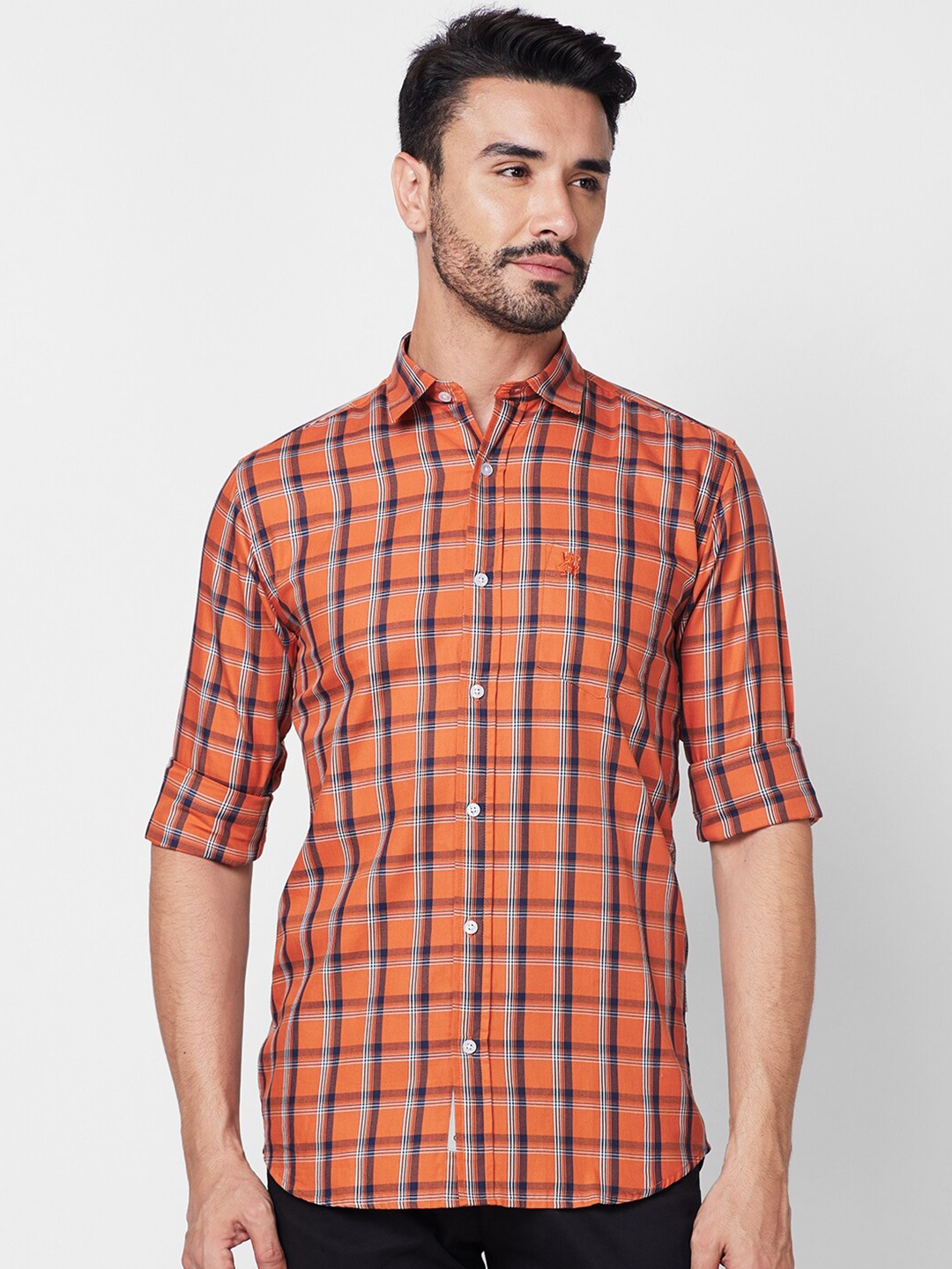 

GIORDANO Slim Fit Cotton Windowpane Checked Casual Shirt, Orange