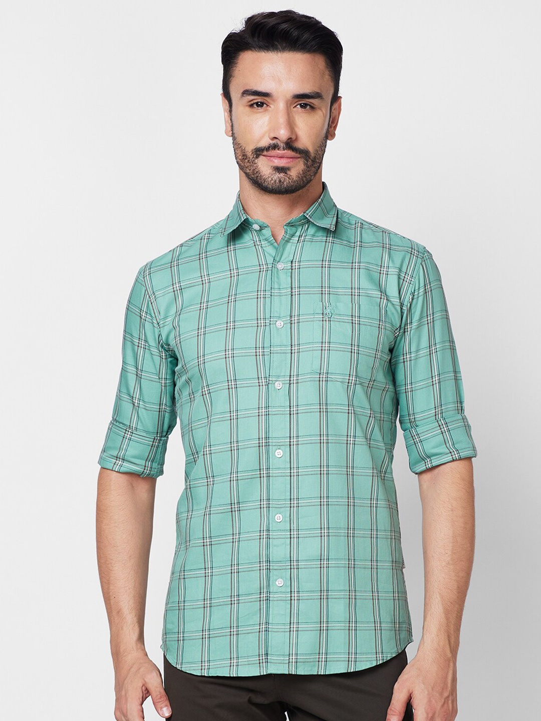 

GIORDANO Slim Fit Cotton Windowpane Checked Casual Shirt, Green