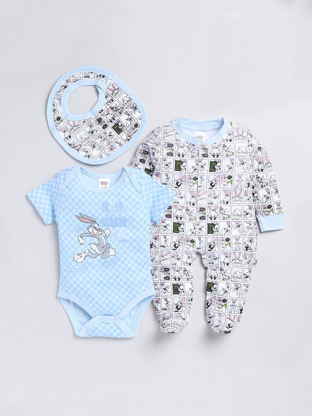

Moms Love Infants Boys Pack Of 2 Printed Bodysuit & Sleepsuit With Bib, Blue