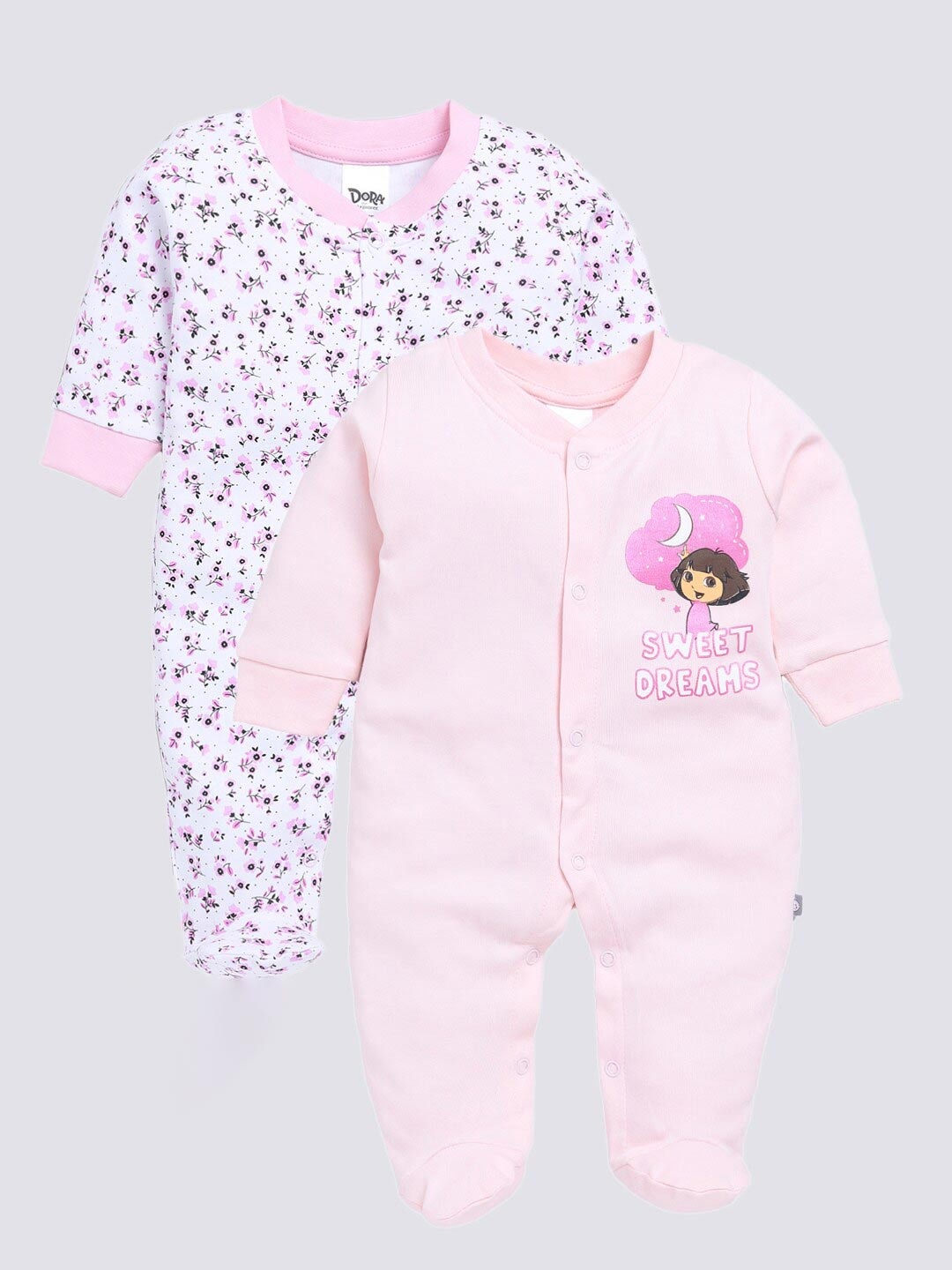

Moms Love Infant Girls Pack Of 2 Printed Pure Cotton Sleepsuits, White