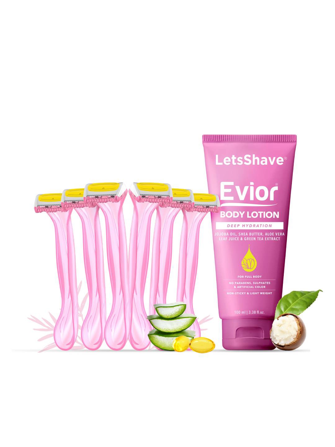 

LetsShave 6-Pcs Evior Bikini Razor With Body Lotion 100ml, Pink