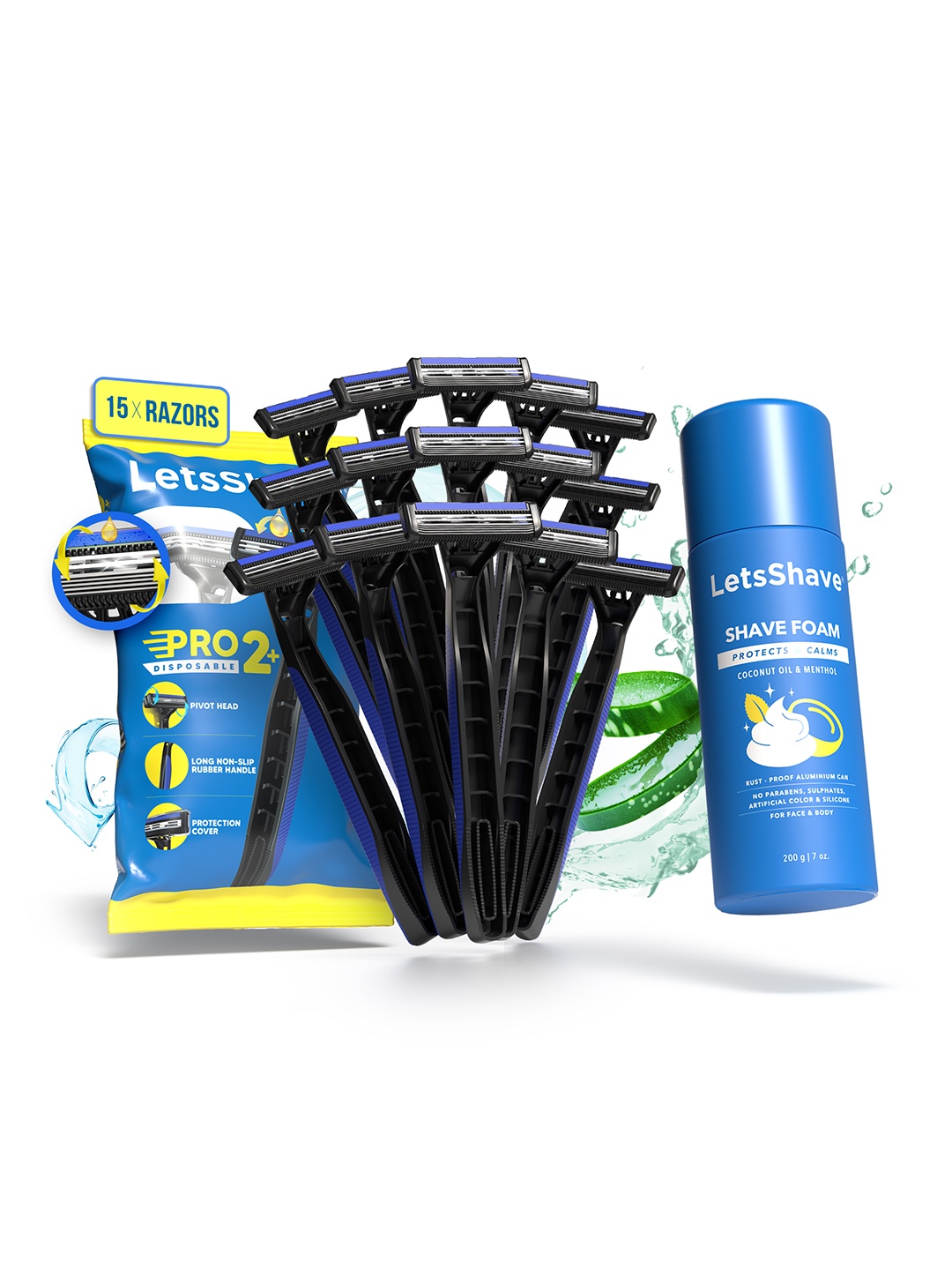 

LetsShave Men Set Of 2 15Pcs Disposable Shaving Razor & Shave Foam - 200g, Blue