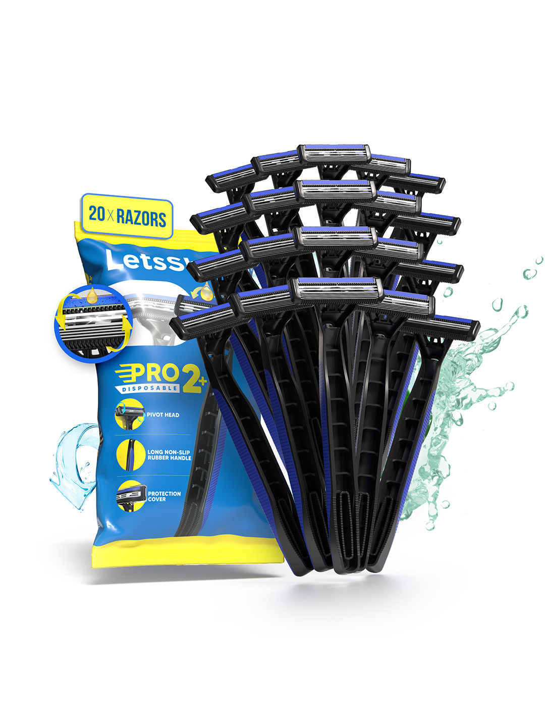 

LetsShave 20-Pcs Pro 2 Blade Plus Disposable Shaving Razor, Blue