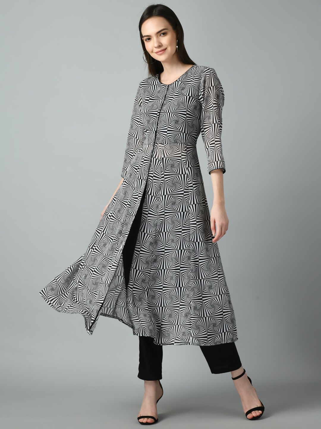 

DOISA Block Printed Georgette Front Slit Selection Of 2 Kurta with Trousers, Black