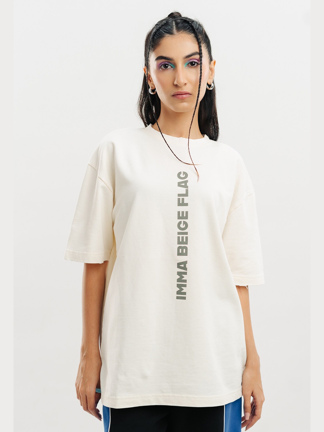 

FREAKINS Round Neck Drop Shoulder Sleeves Oversized T shirt, White