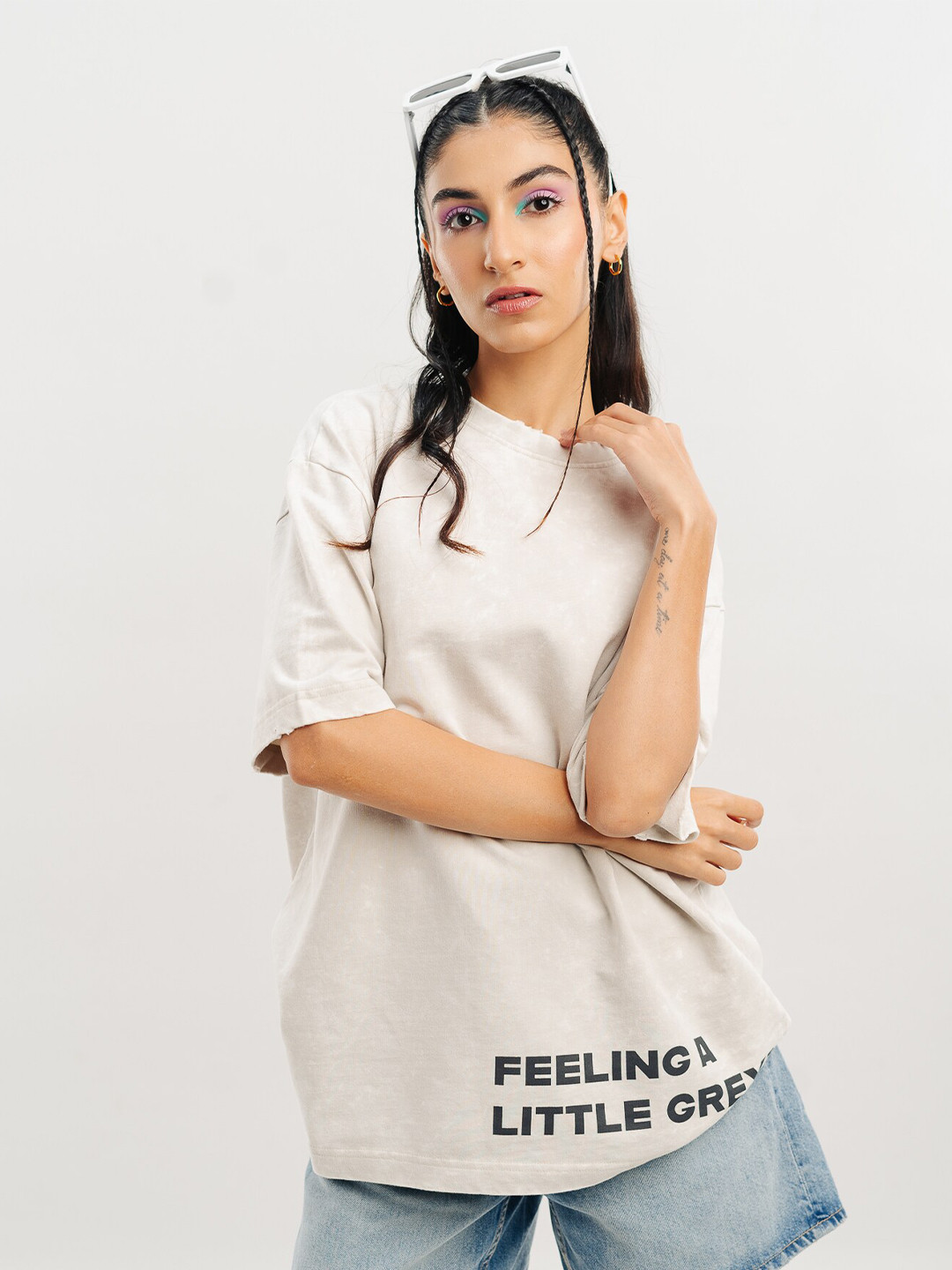 

FREAKINS Round Neck Drop Shoulder Sleeves Oversized T shirt, White