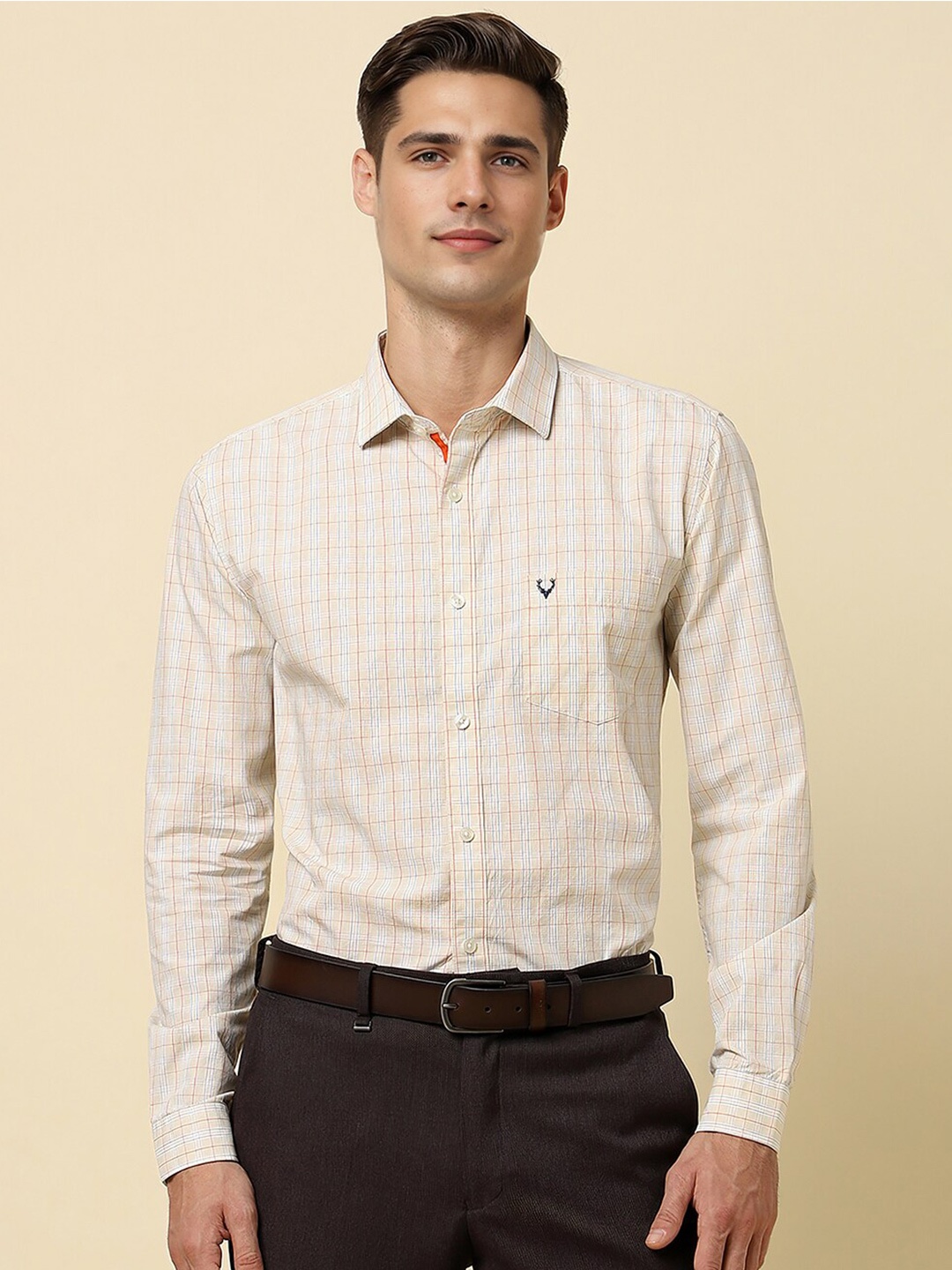

Allen Solly Slim Fit Grid Tattersall Checks Spread Collar Cotton Formal Shirt, Beige