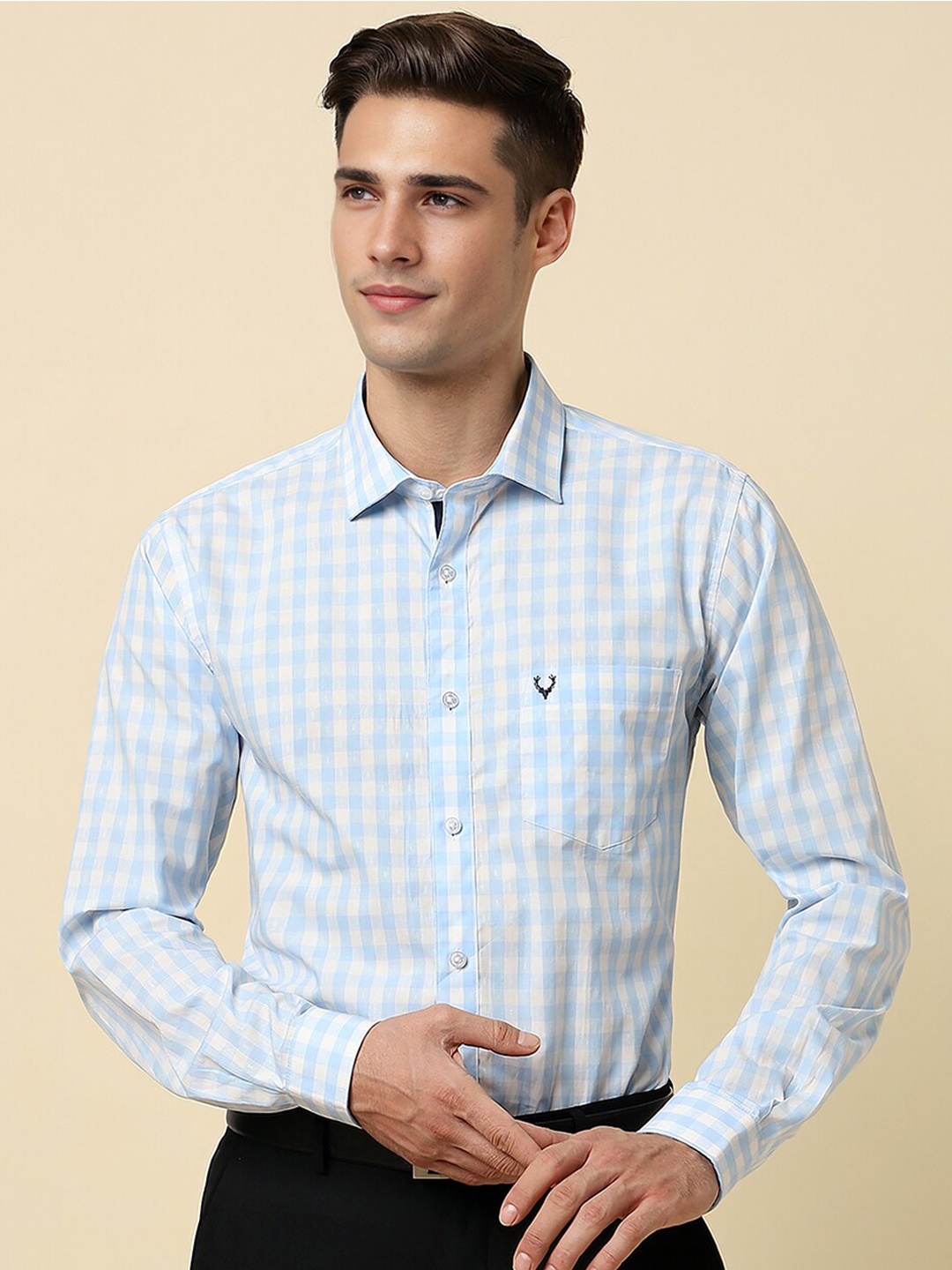 

Allen Solly Slim Fit Checked Spread Collar Cotton Formal Shirt, Blue