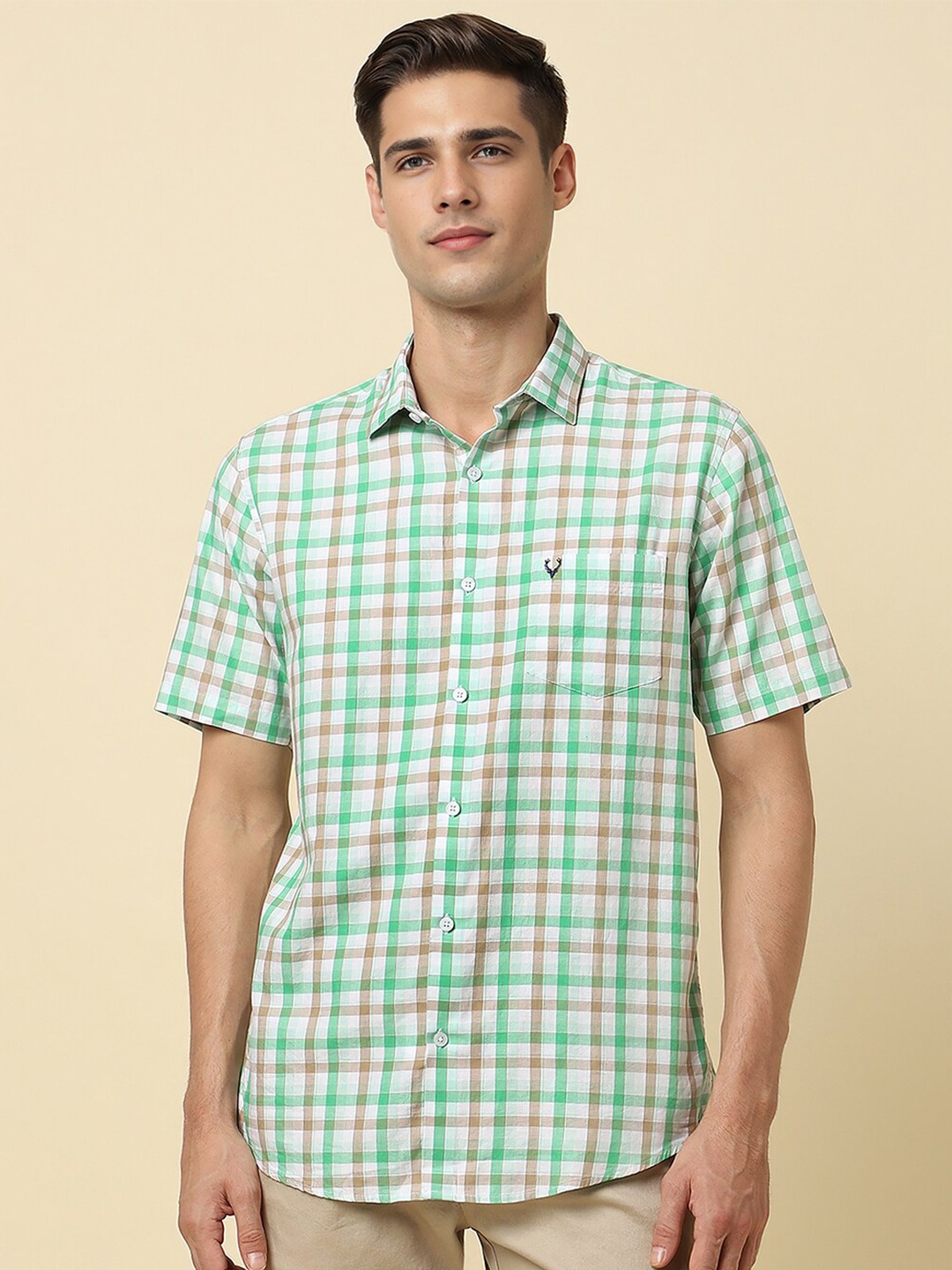 

Allen Solly Slim Fit Checked Spread Collar Cotton Casual Shirt, Green