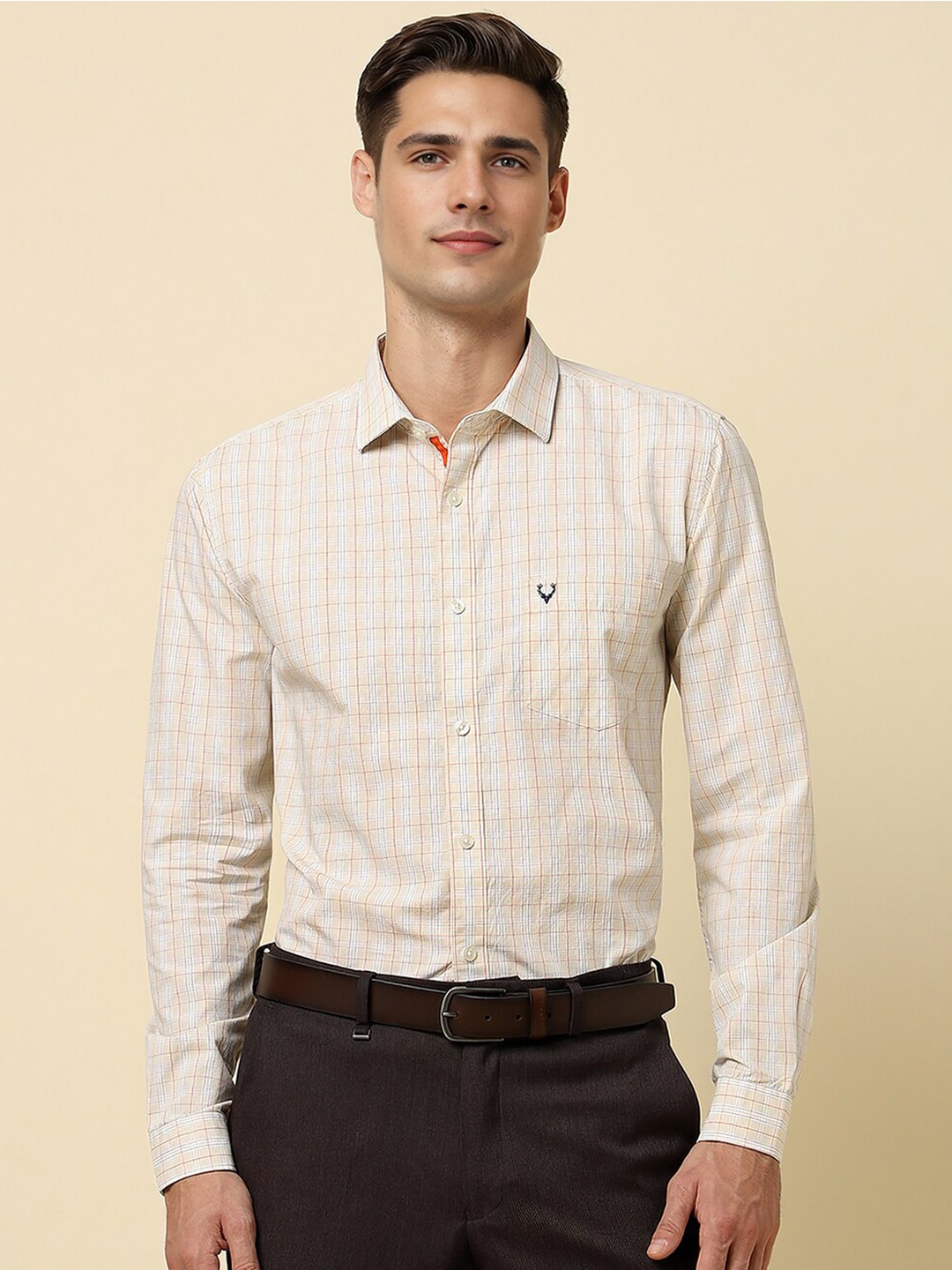 

Allen Solly Slim Fit Grid Tattersall Checks Spread Collar Cotton Formal Shirt, Beige