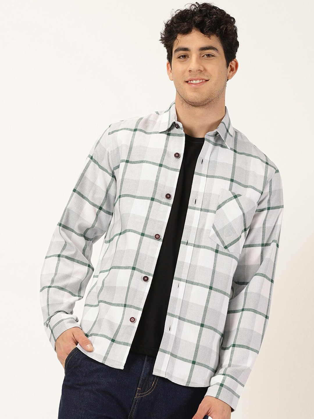 

Mast & Harbour White & Green Classic Checked Cotton Casual Shirt