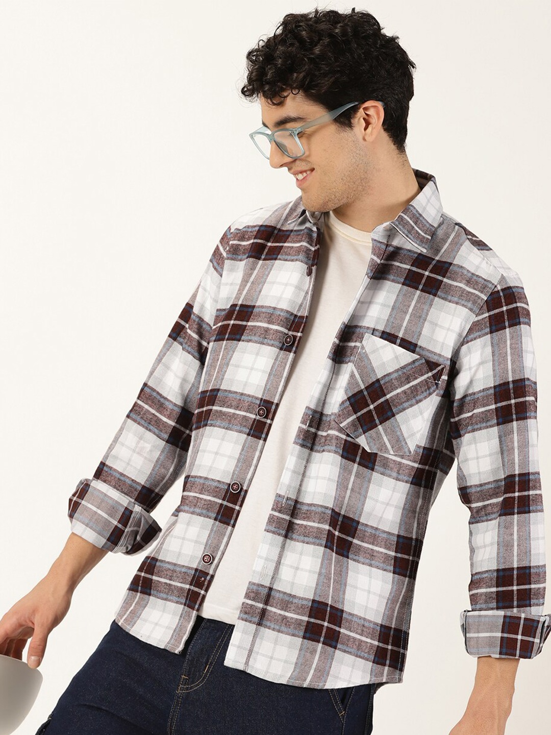 

Mast & Harbour Maroon Classic Checks Spread Collar Long Sleeves Cotton Casual Shirt