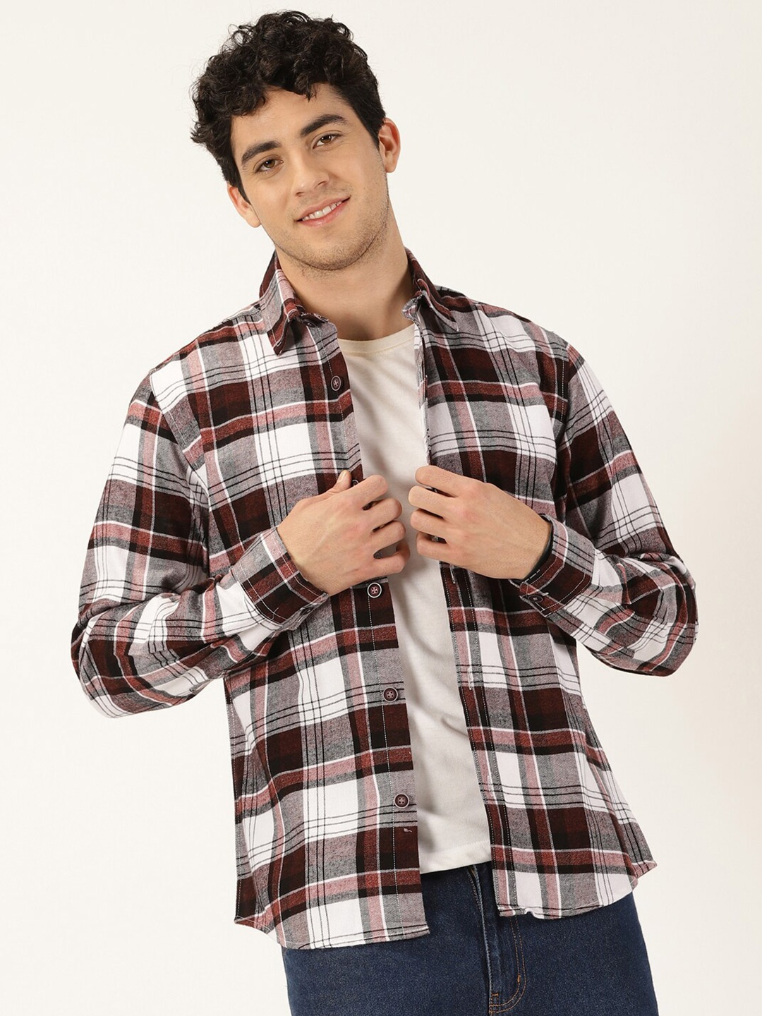 

Mast & Harbour Maroon Classic Checks Spread Collar Long Sleeves Cotton Casual Shirt