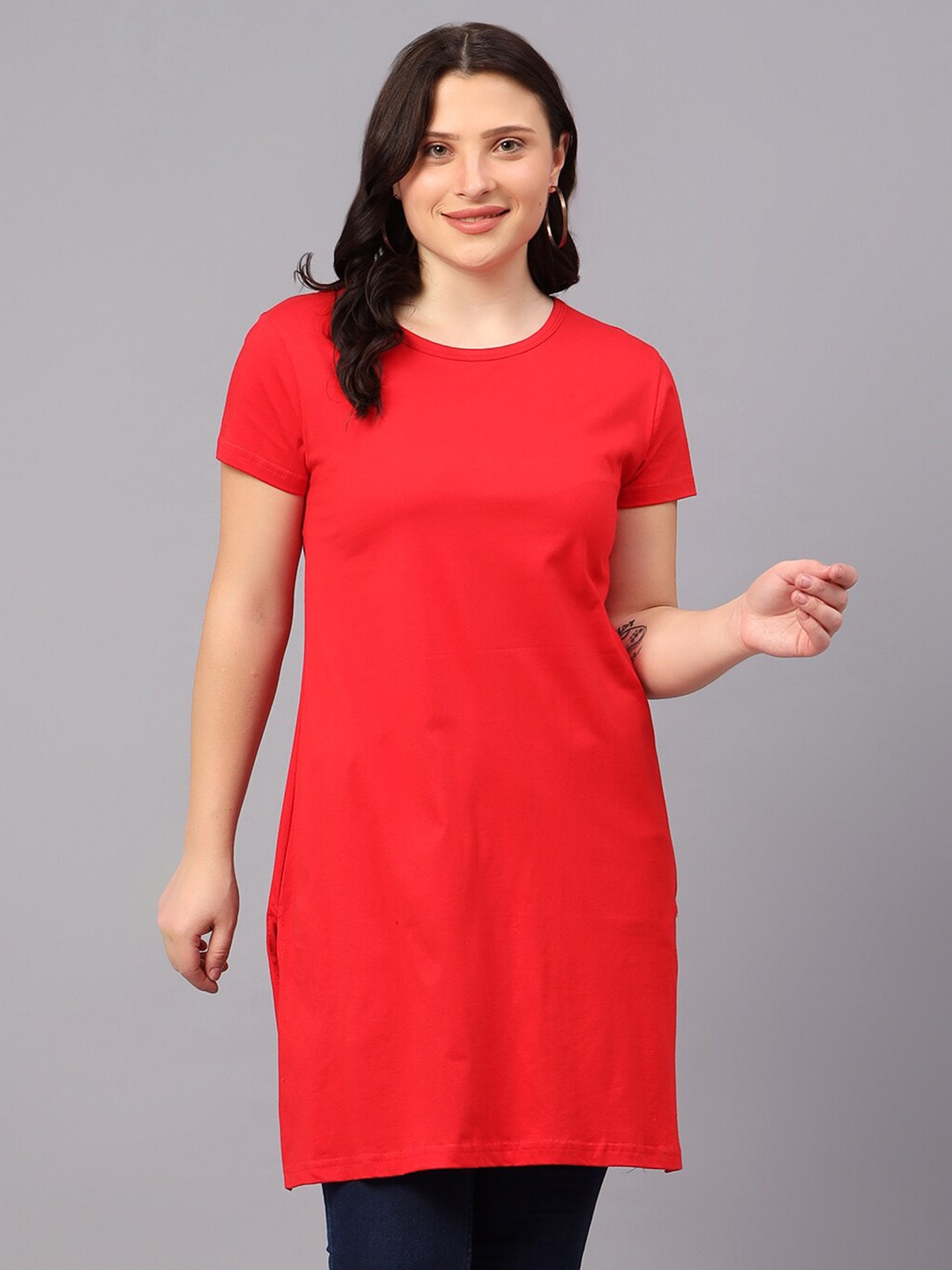 

Fleximaa Round Neck Cotton Longline Top, Red