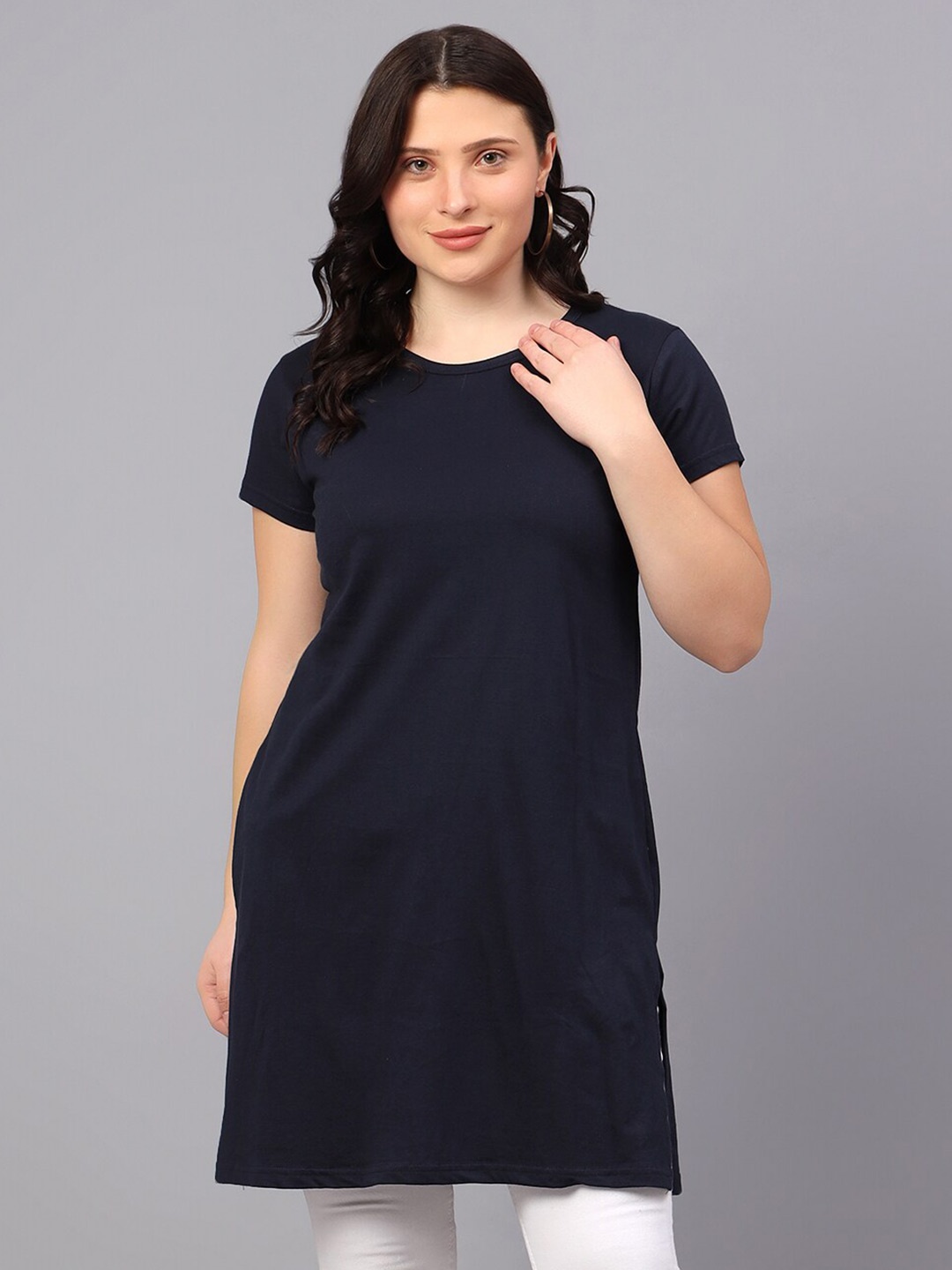 

Fleximaa Round Neck Cotton Longline Top, Navy blue