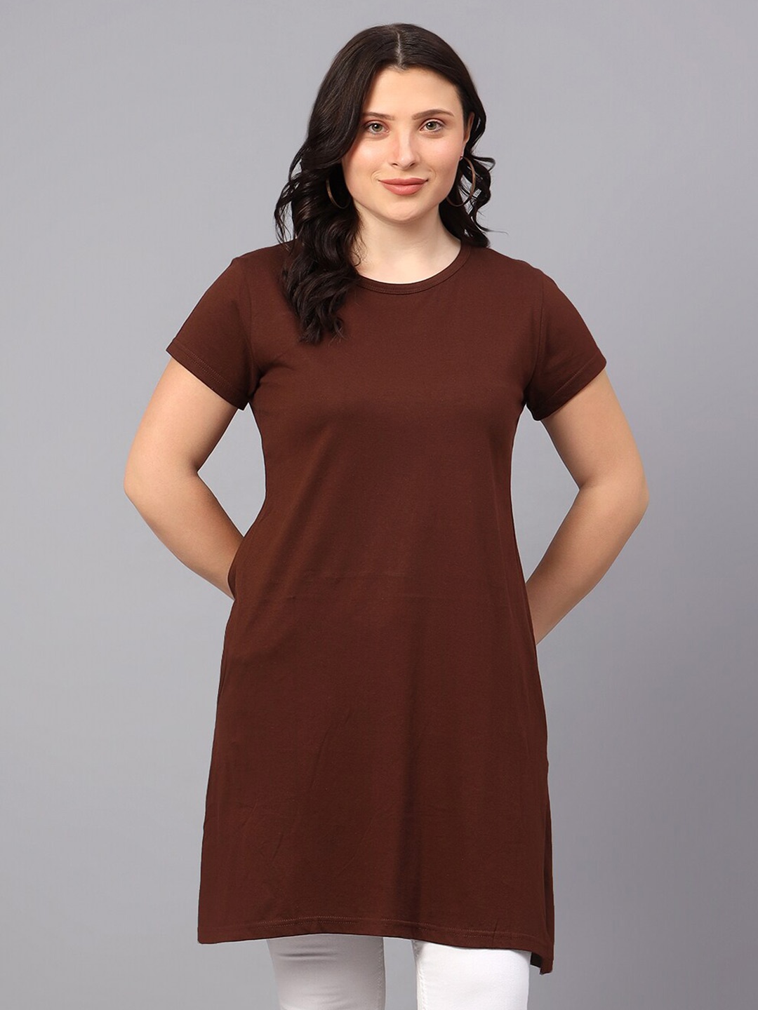 

Fleximaa Cotton Round Neck Longline Top, Coffee brown